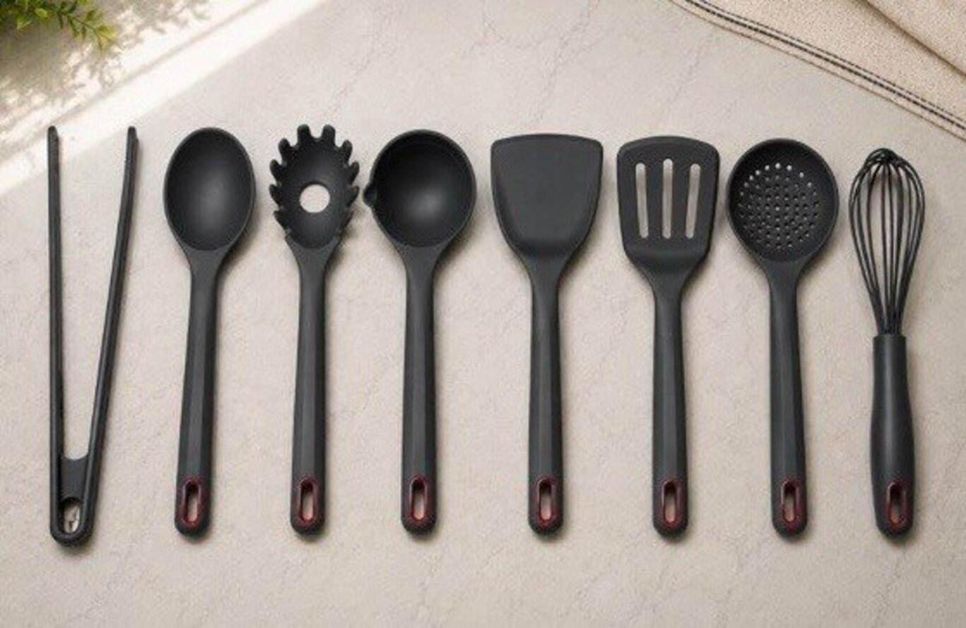 Aryıldız Silikon 8 Parça Kepçe Kevgir Spatula Çırpıcı Makarna Kaşık Seti Antrasit