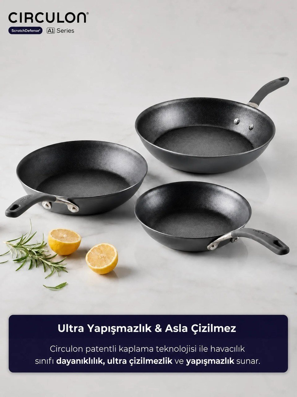 Circulon A1 Serisi ScratchDefense Çizilmez Yapışmaz 3'lü Kızartma Tava Seti - 22CM, 26CM, 28CM