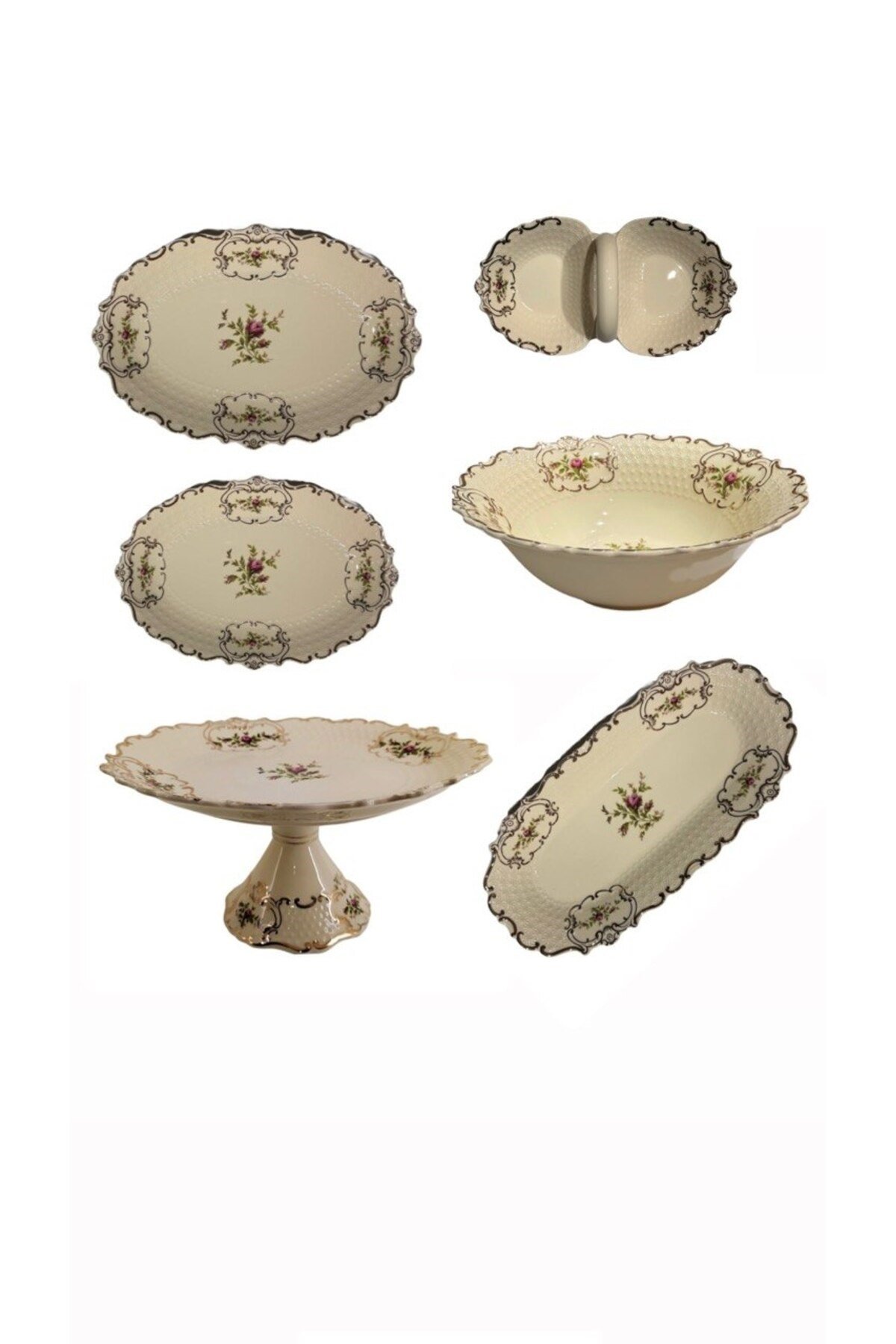 Diana 6 Parça Pasta Börek Salata Sos İkram Seti Vintage Çiçek Desenli Gold Detaylı