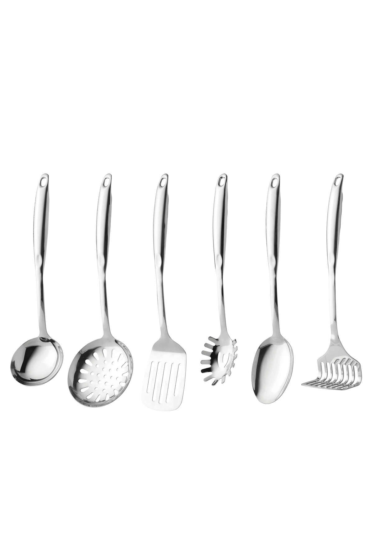 Essentials Paslanmaz Çelik 6 Parça Kepçe Kevgir Patates Ezici Makarna Kaşığı Spatula Kaşık Seti