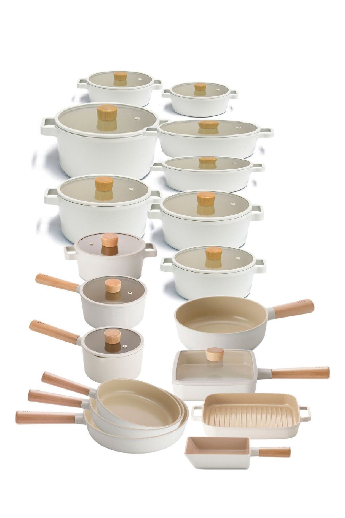 Fika Alüminyum Döküm Cam Kapaklı Full Set 30 Parça Krem Tencere & Tava Seti