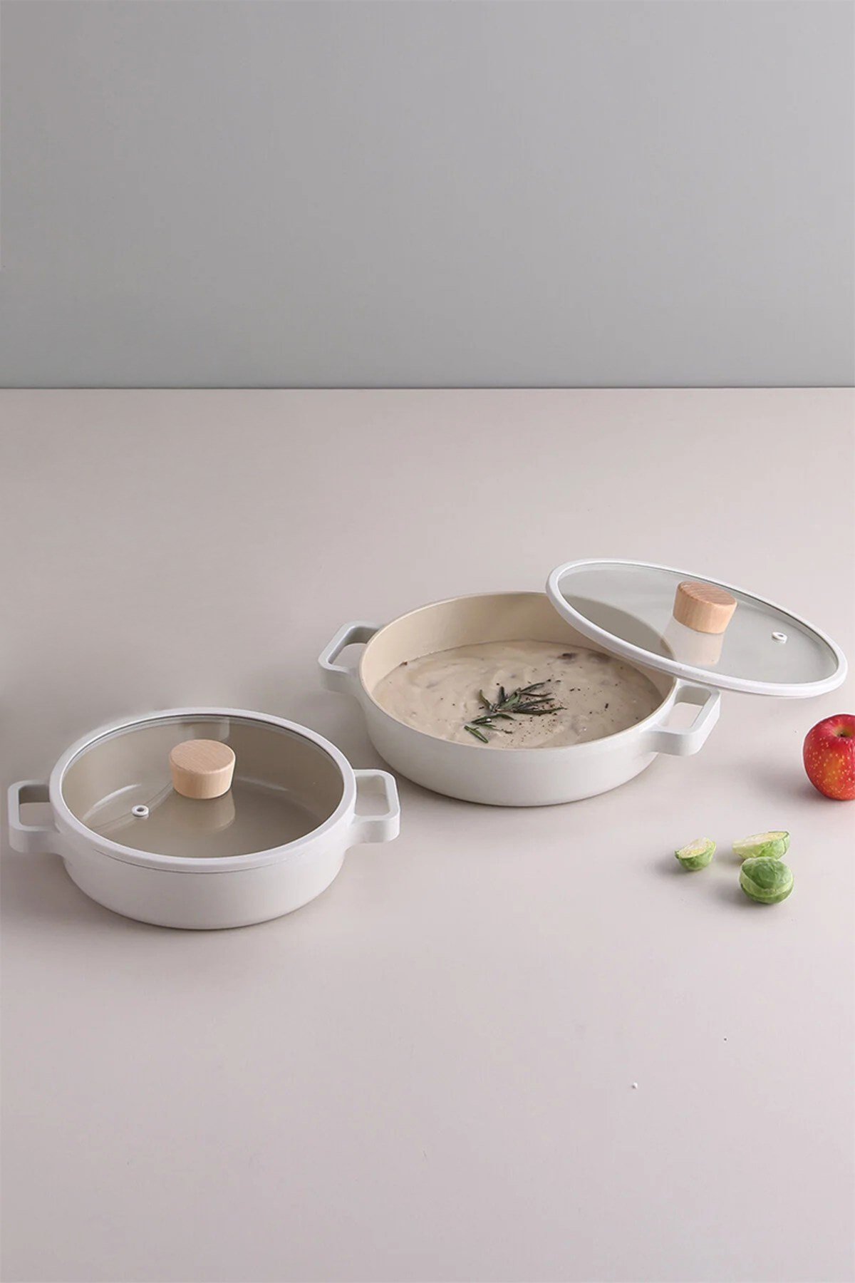 Fika Cam Kapaklı Seramik Kaplama Sahan Set 2'li 20/22 CM - Bej