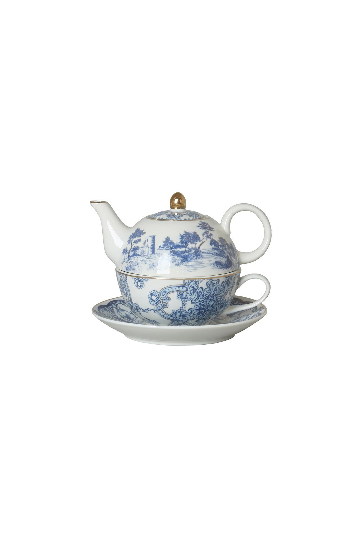 Florance Bone China  Porselen Mavi Beyaz  Barok Desenli Tek Kişilik Demlik&Fincan Seti