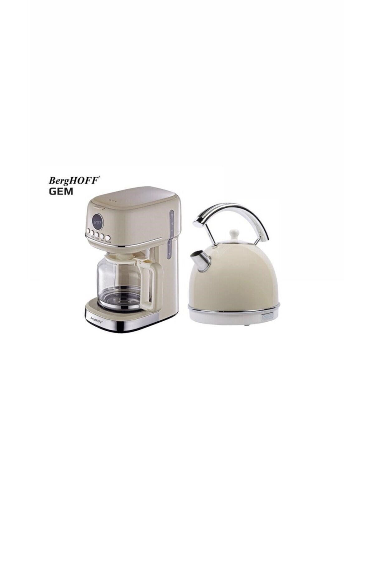 GEM RETRO 15 Bardak Filtre Kahve Makinesi ve RETRO Krem Rengi Yuvarlak Su Isıtıcısı Kettle Seti