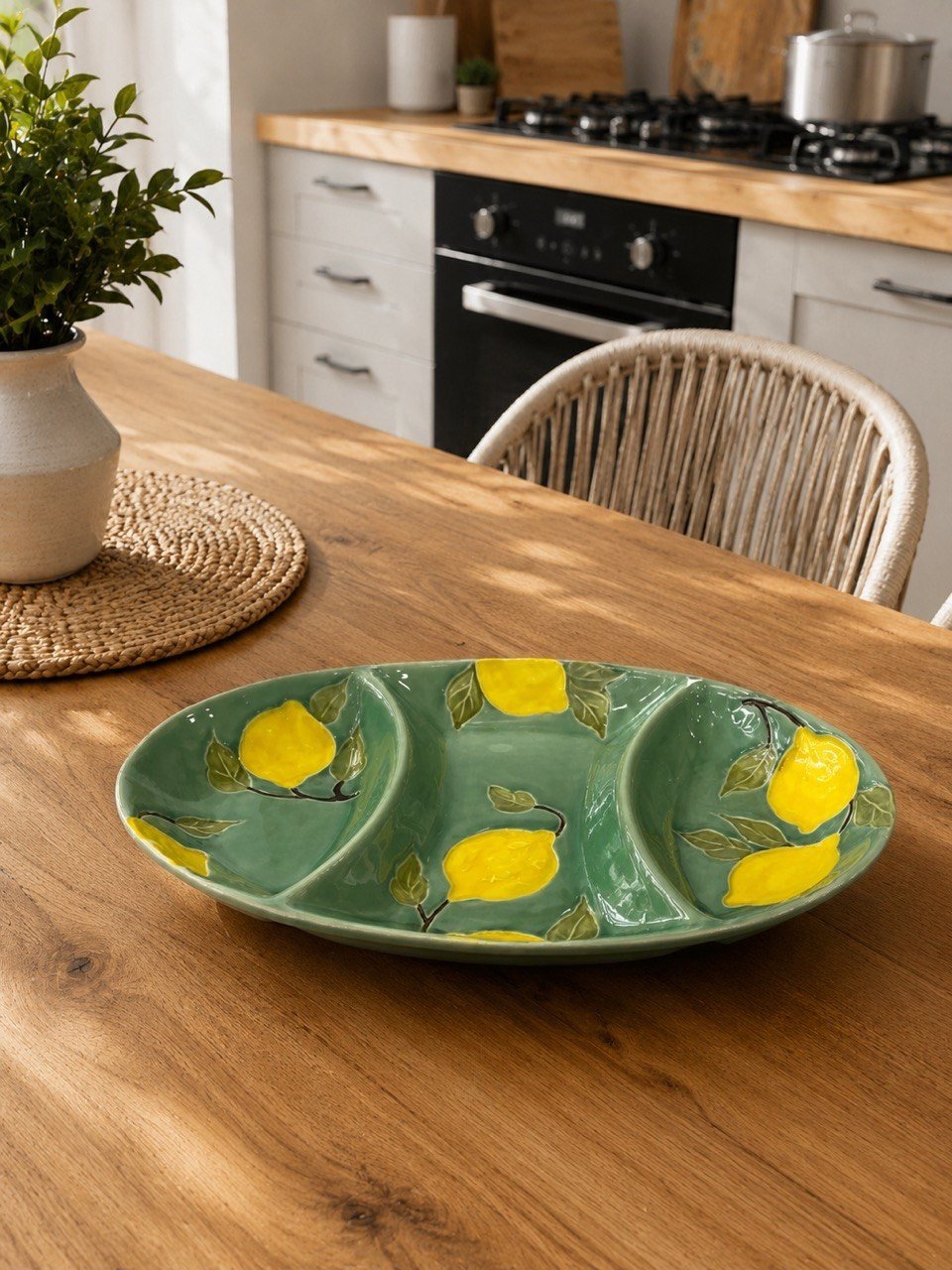Twinkle Amalfi Garden Limon Desenli 3 Bölmeli Oval Sunum Kahvaltı Çerez Sos Tabağı Yeşil 36 cm