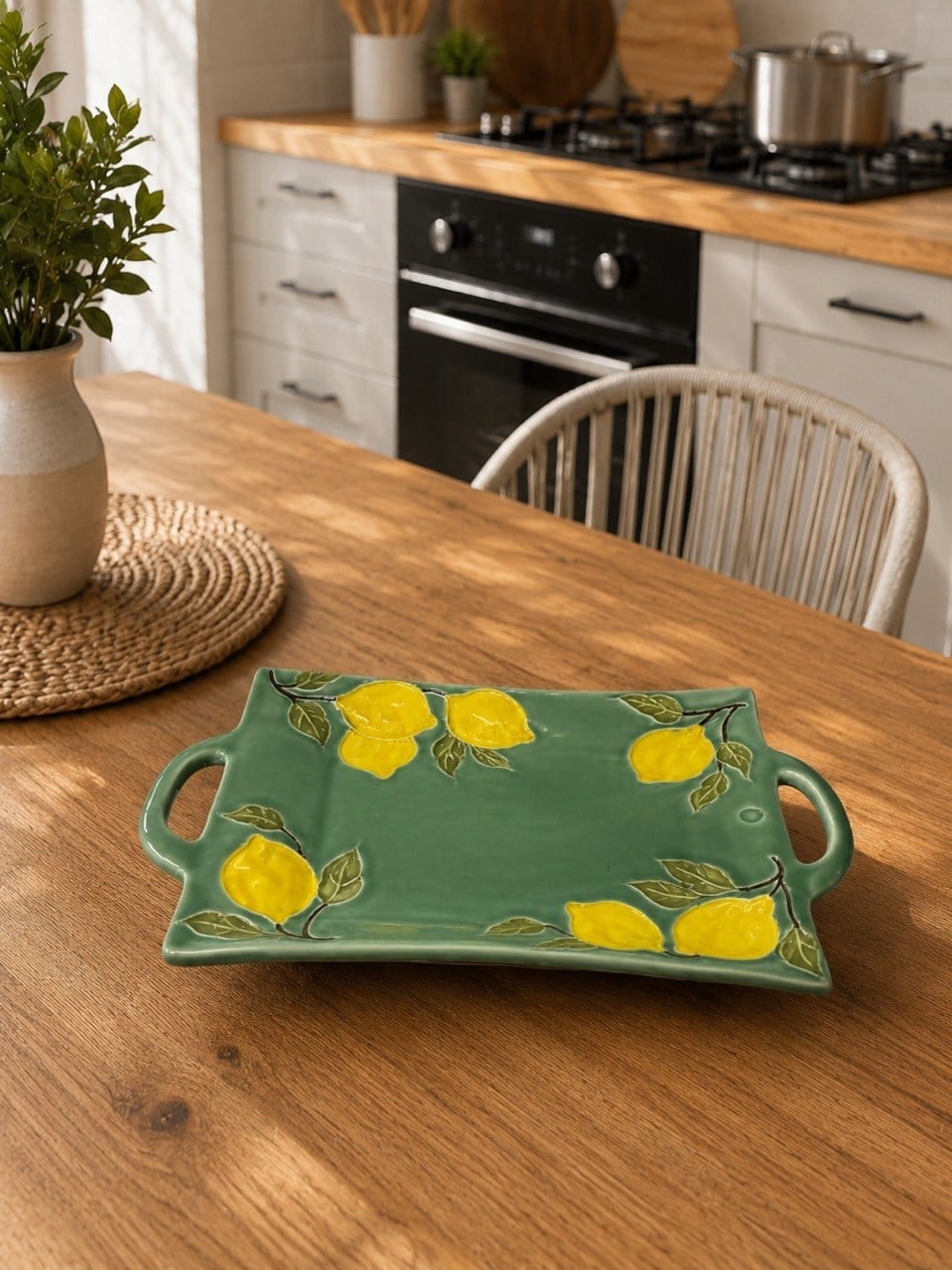 Twinkle Amalfi Garden Limon Desenli Kulplu Dikdörtgen Tepsi Tabak Yeşil 36 cm