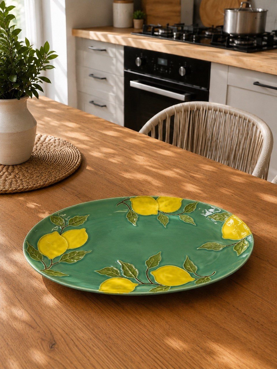 Twinkle Amalfi Garden Limon Desenli Oval Düz Tabak 38 cm Yeşil