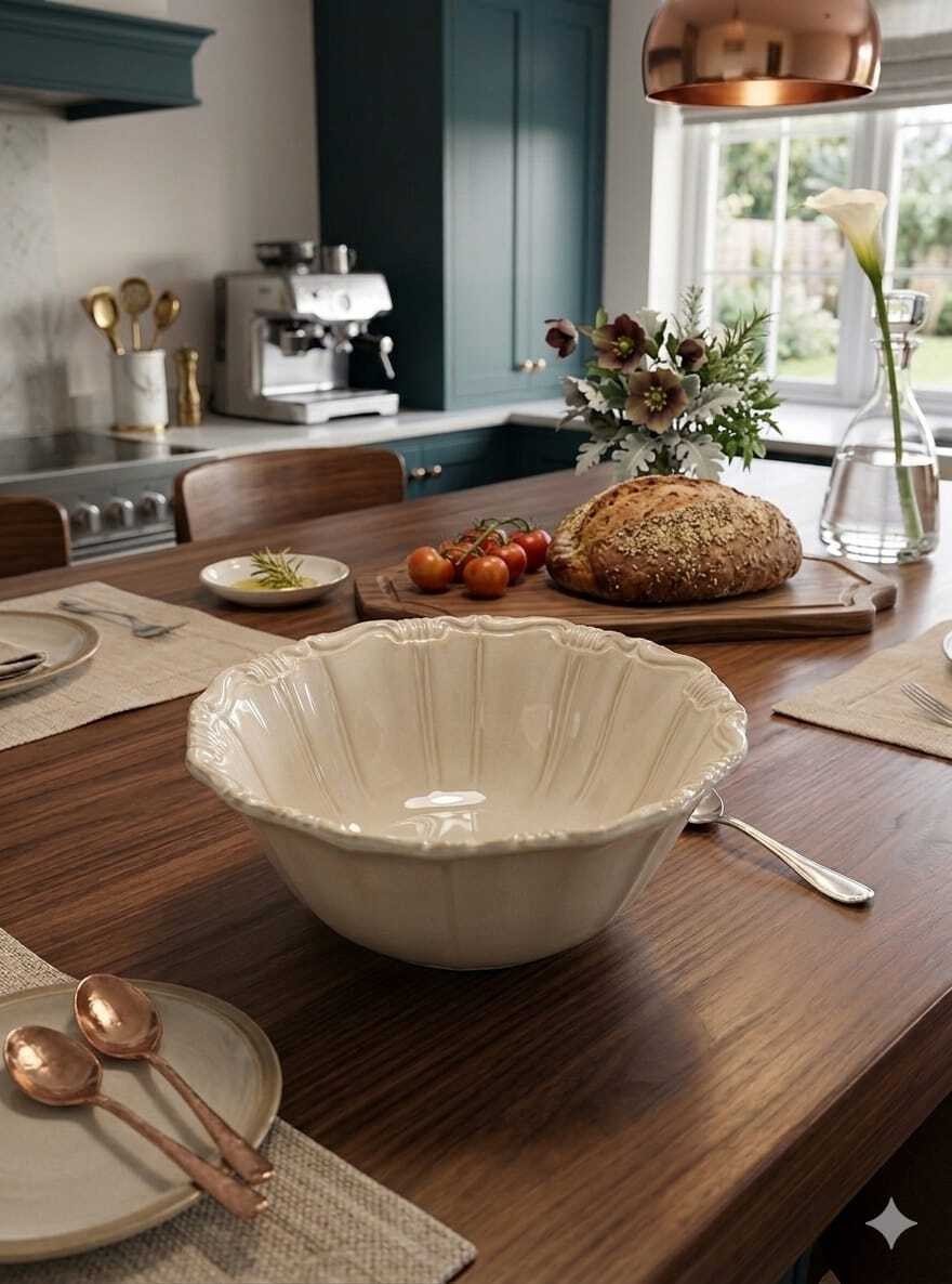 Twinkle Antik Görünümlü Bej Eskitmeli Yuvarlak Derin Salata Sunum Tabak 23 cm