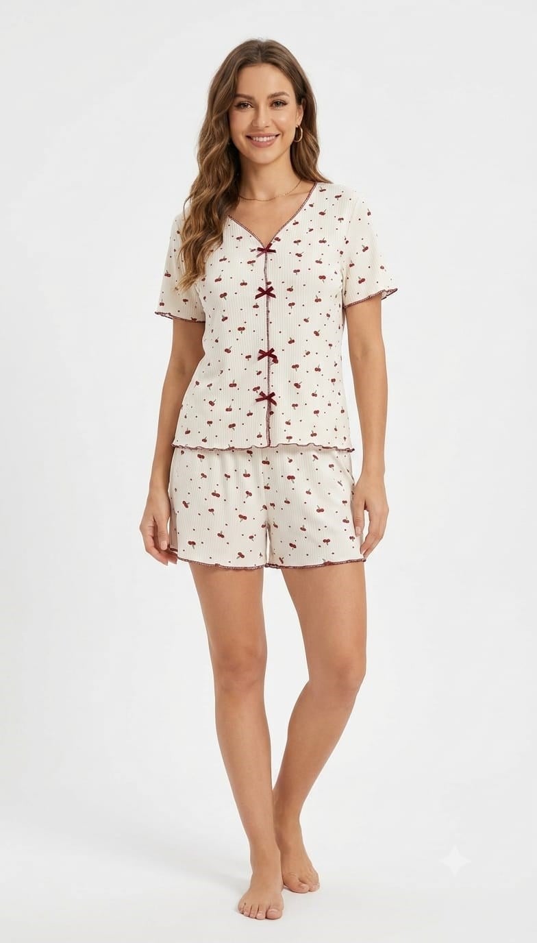SUISY-Kiraz Desenli Şortlu Pijama Takımı SUISY COLLECTION