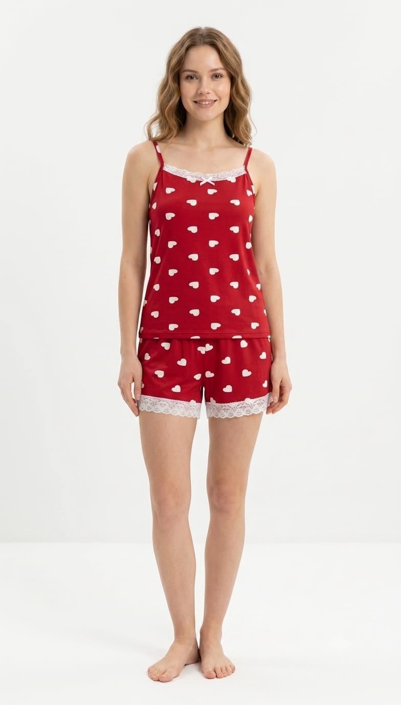 SUISY-Kırmızı Kalp Desenli Askılı Şortlu Pijama Takımı SUISY COLLECTION