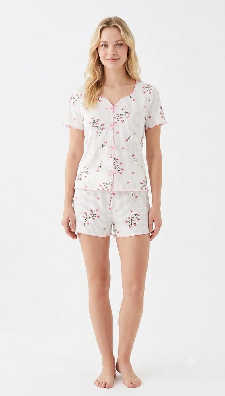 SUISY-Pembe Çiçekli Kadın Pijama Takımı SUISY COLLECTION