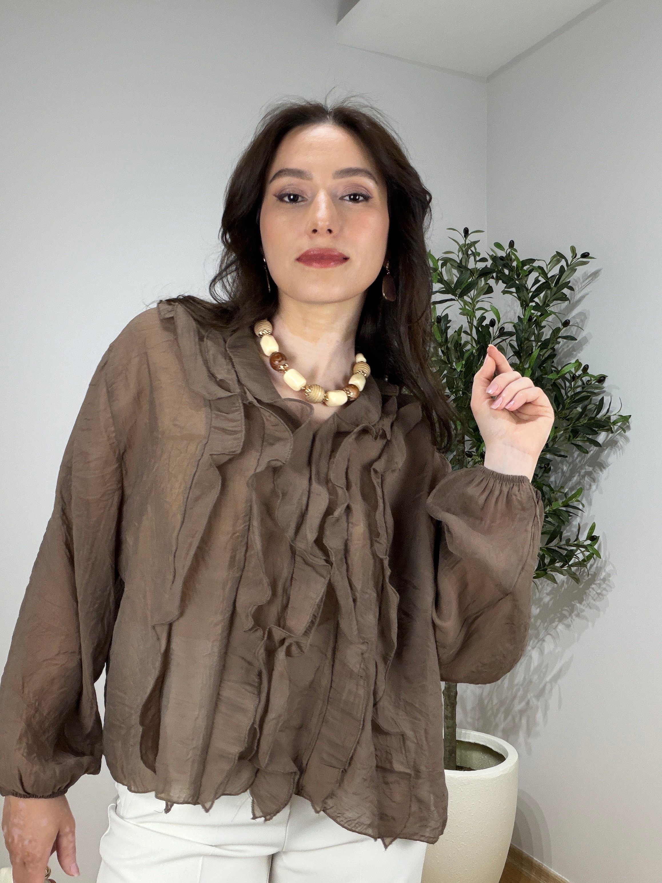 Fırfır Detaylı Tül Bluz-Kahverengi