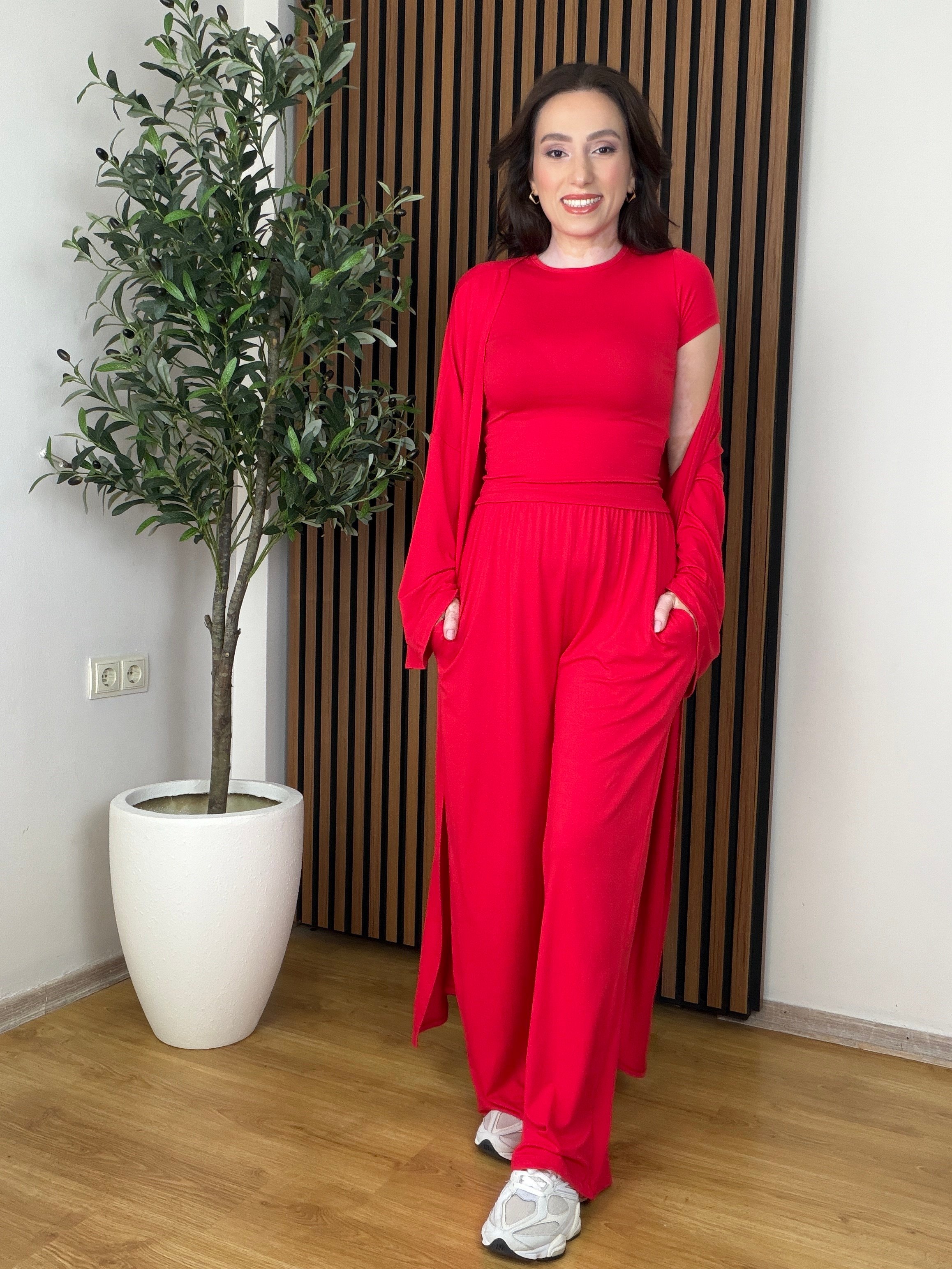 Yumuşak Dokulu Likralı 3'lü Premium Takım -Kırmızı