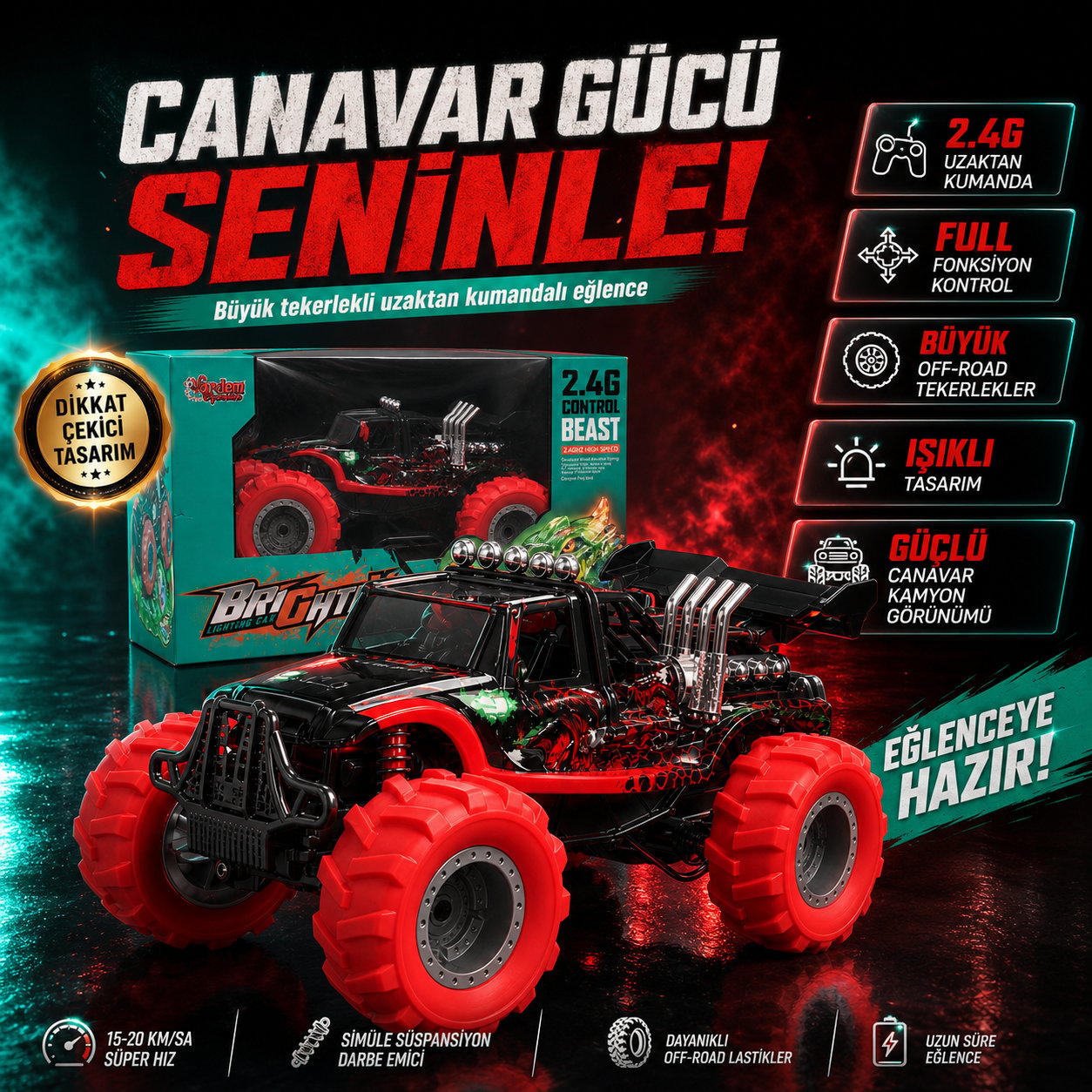 Uzaktan Kumandalı Şarjlı 2.4G Işıklı Off-Road Canavar Kamyon