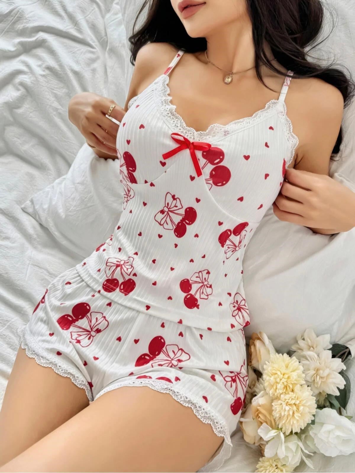 %100 COTTON KİRAZ DESENLİ DANTEL DETAYLI PİJAMA TAKIMI