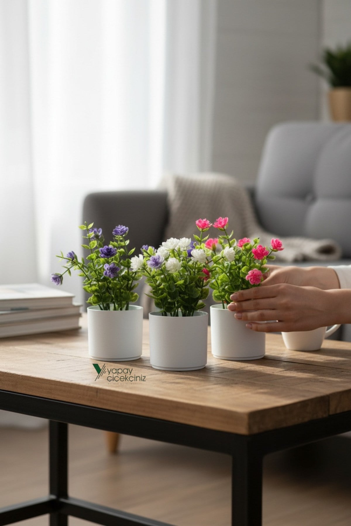 3 Adet Mini Beyaz Saksıda Yapay Çiçek Seti
