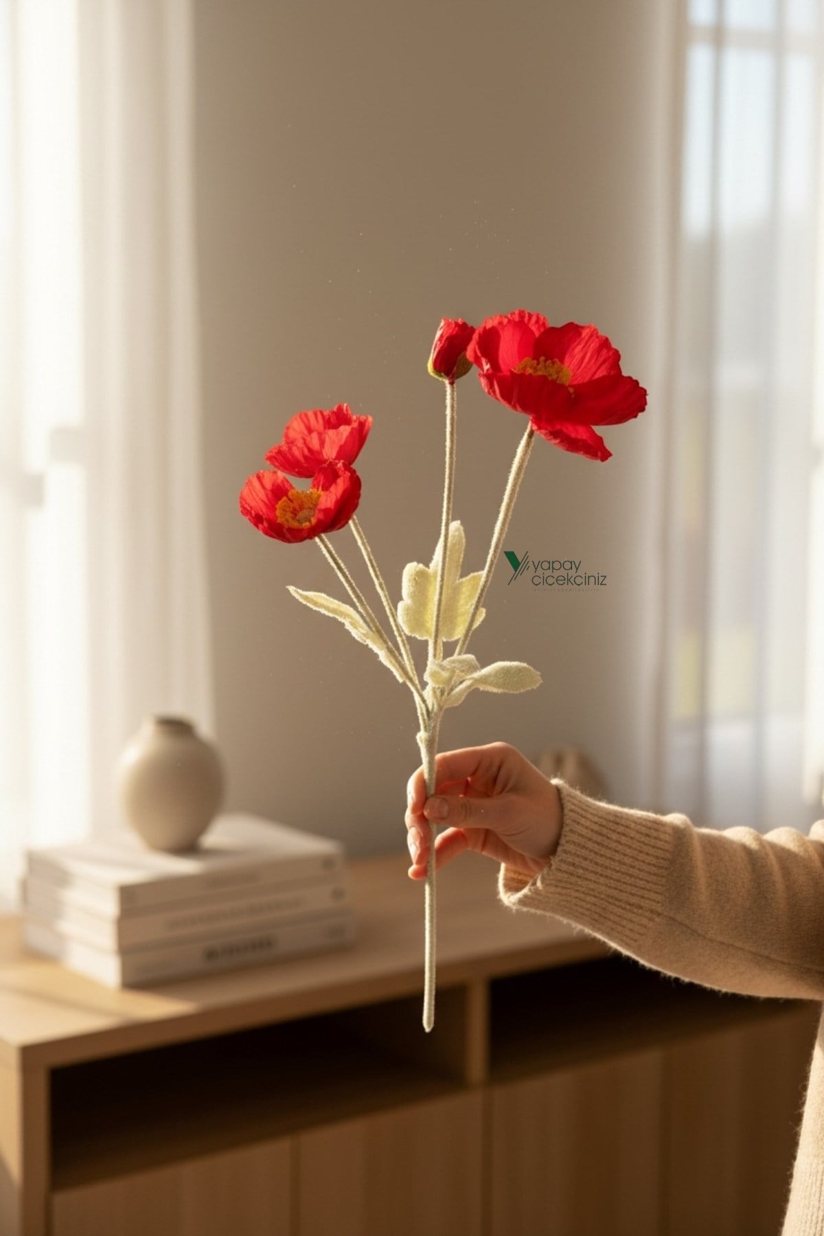 60 cm 4 Dallı Tüylü Dokulu Yapay Gelincik Çiçeği
