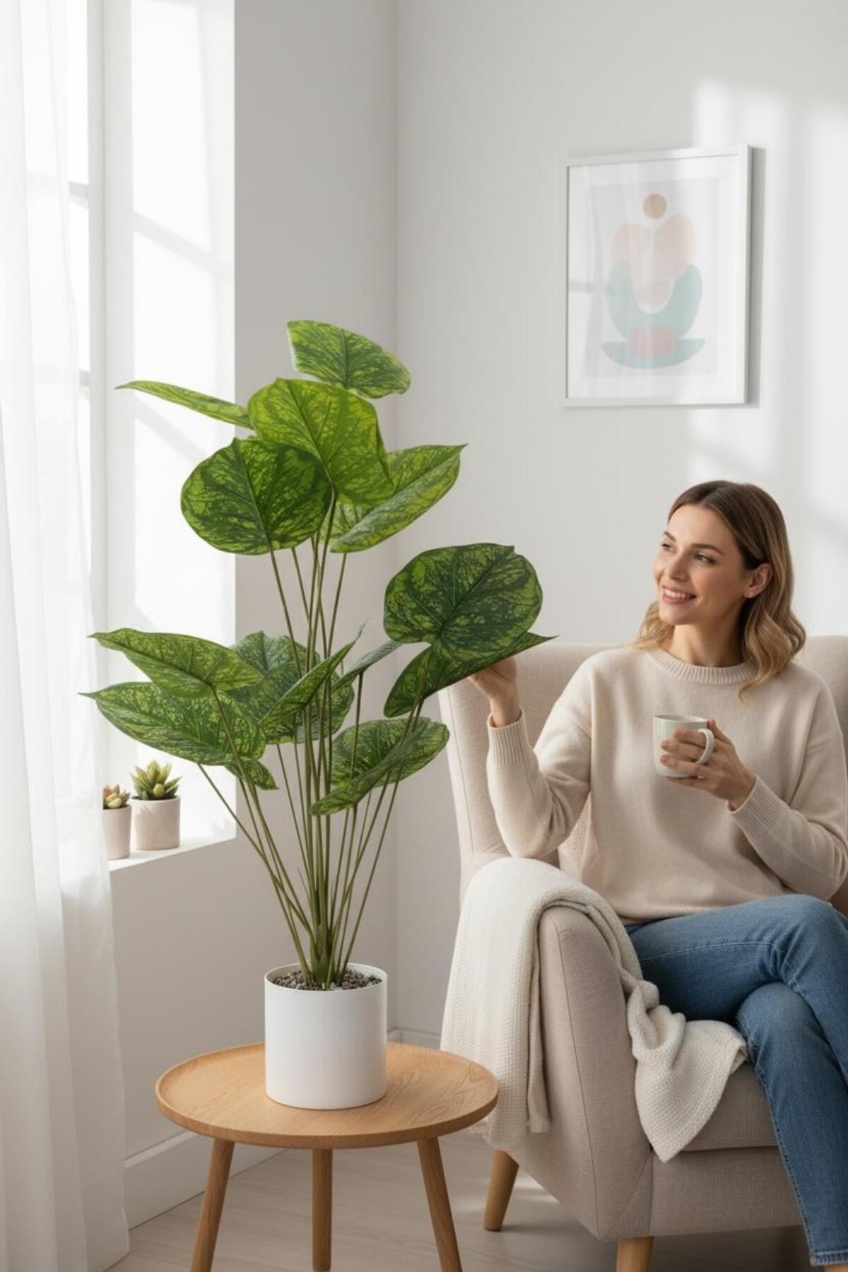Beyaz Saksıda 95 cm 18 Dallı Yapay Salon Çiçeği Yoğun Yapraklı, Gerçekçi Dekor Bitkisi