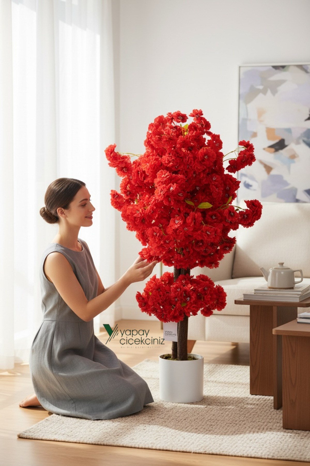Çim Detaylı Beyaz Saksıda Kırmızı Renkli 100 cm Lüks Yapay Bahardalı Ağacı
