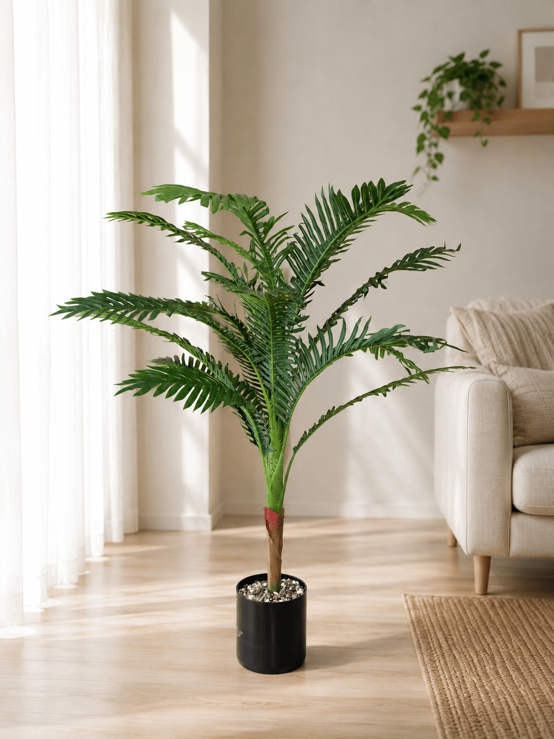 Taş Detaylı Siyah Saksıda 90 cm 12 Dallı Yapay Areka Ağacı 
