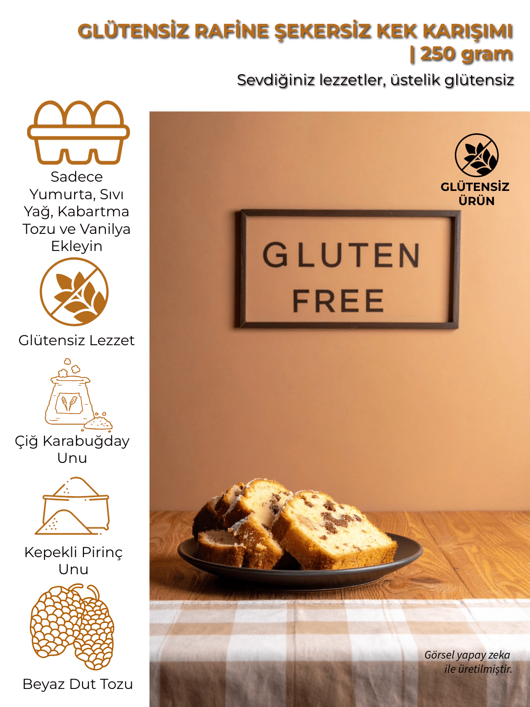 Glütensiz Rafine Şekersiz Kek Karışımı | 250 gr 