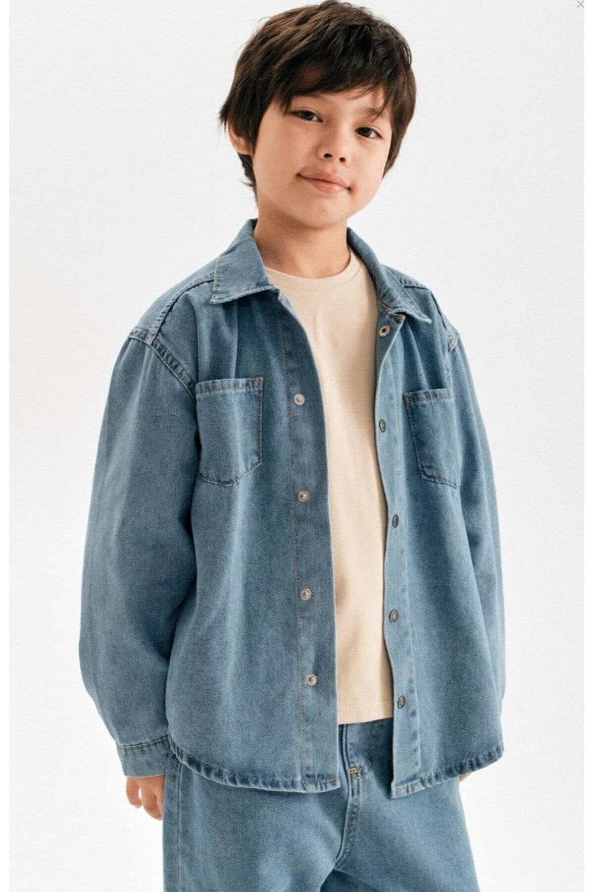 Çocuk Denim Takım Gömlek Pantolon Açık Mavi Rahat Kalıp Günlük Şık Kombin