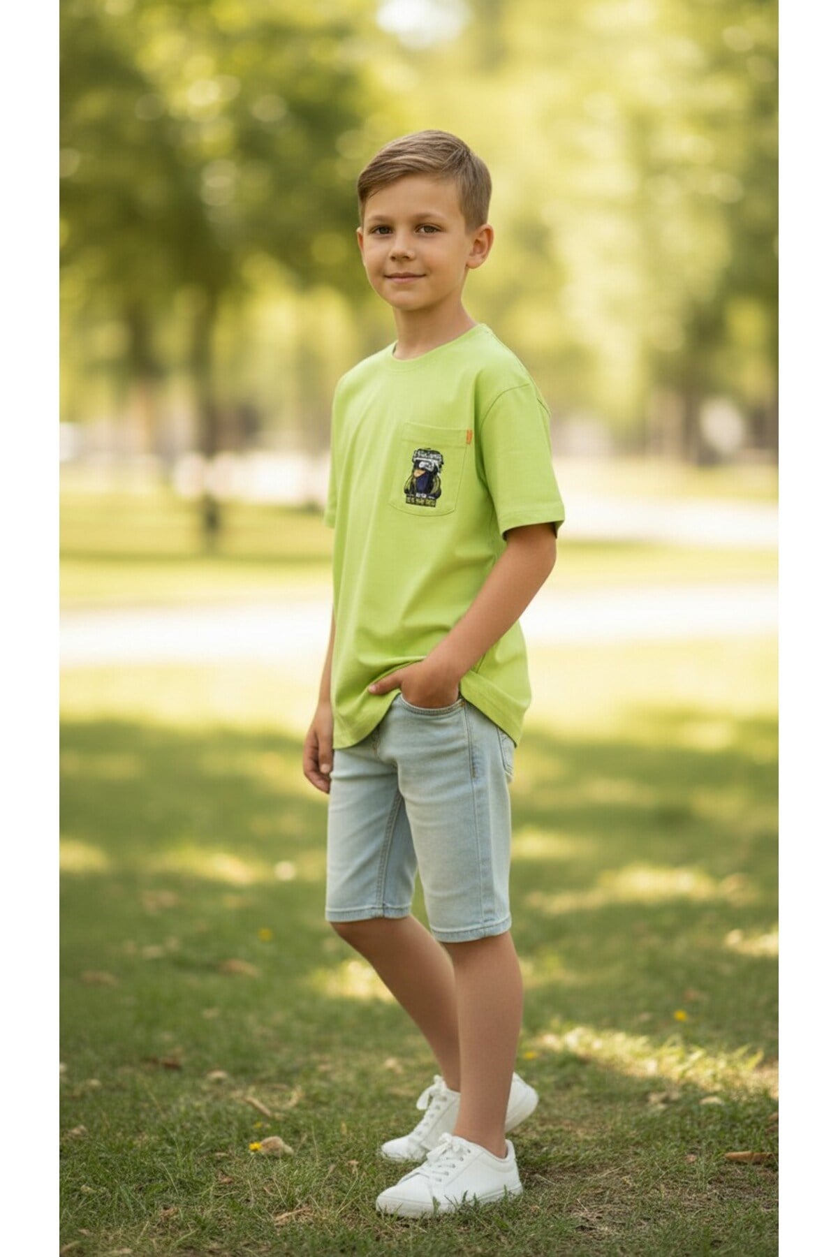 Erkek Çocuk Dikiş Detaylı Cepli Baskılı Tişört – Modern Oversize Rahat Günlük T-Shirt