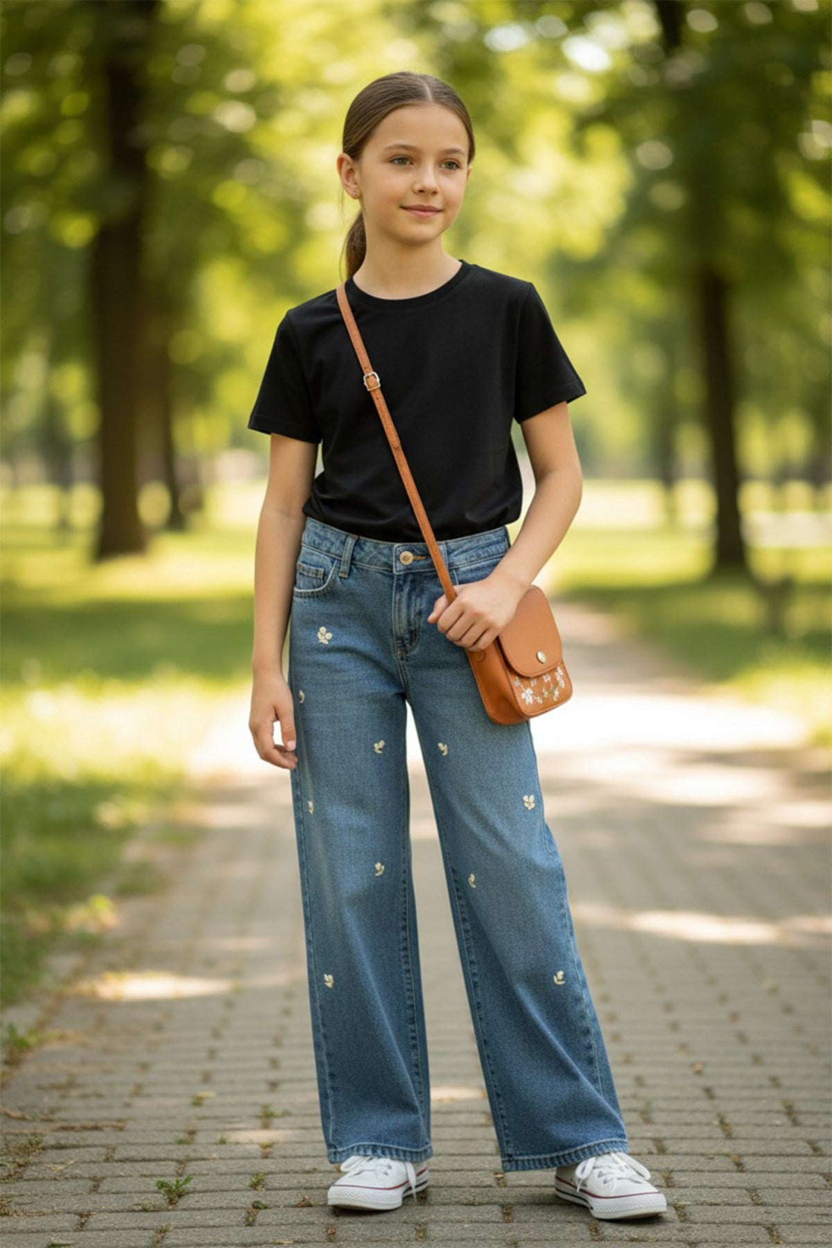Kız Çocuk Nakışlı Jean Pantolon Bol Paça Rahat Kalıp Günlük Denim Pantolon