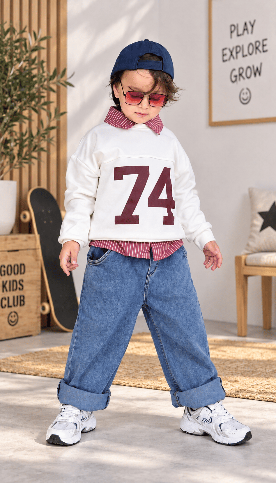 74 Baskılı 3'lü Gömlekli Takım - Sweatshirt , Çizgili Gömlek ve Jean Pantolon