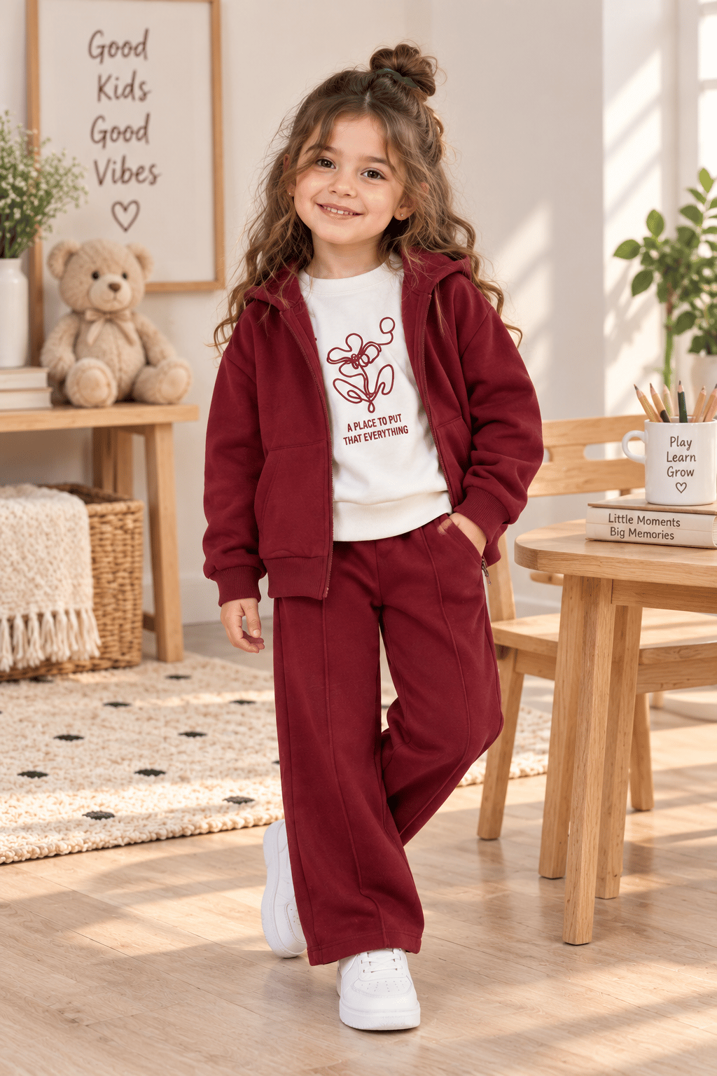Bordo Kapüşonlu 3'lü Takım  - Sweatshirt Tişört Pantolon