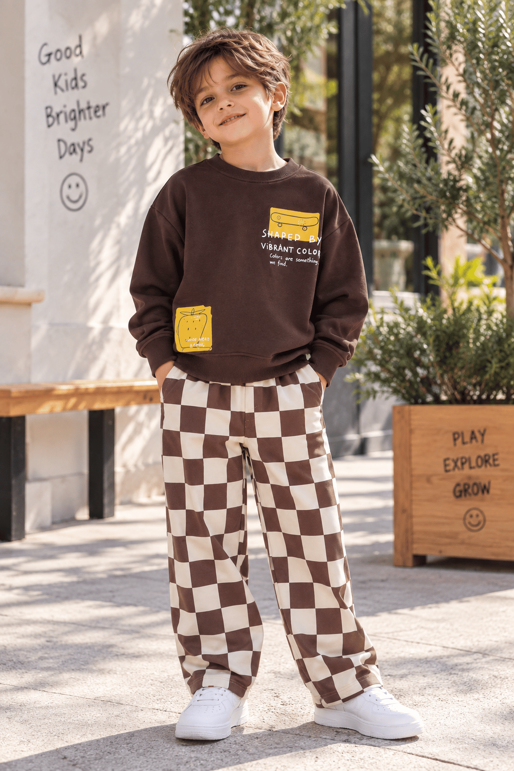 Kahverengi Baskılı Sweatshirt Ekru Kahverengi Kareli Bol Paça Pantolon 2'li Takım
