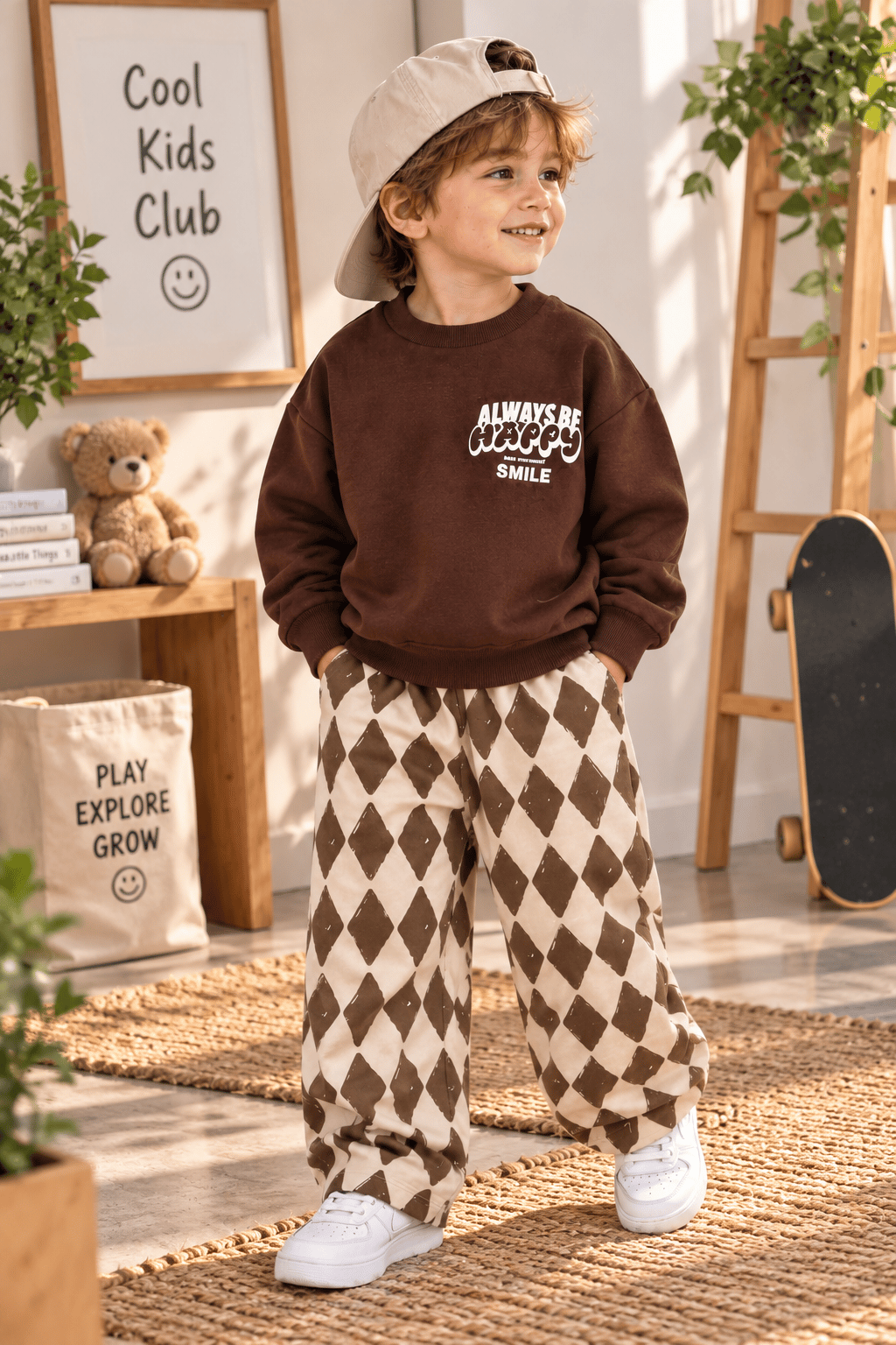 Kahverengi Sweatshirt ve Desenli Bol Paça Pantolon 2'li Takım