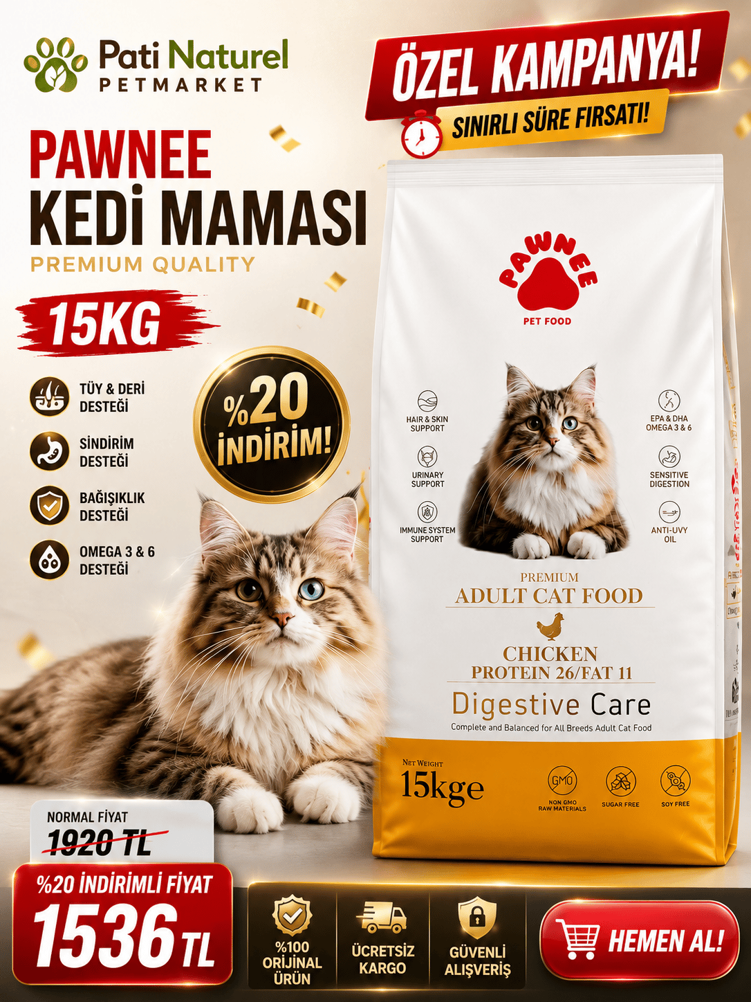 PAWNEE Aldut tavuklu ekonomik kedi maması 15kg