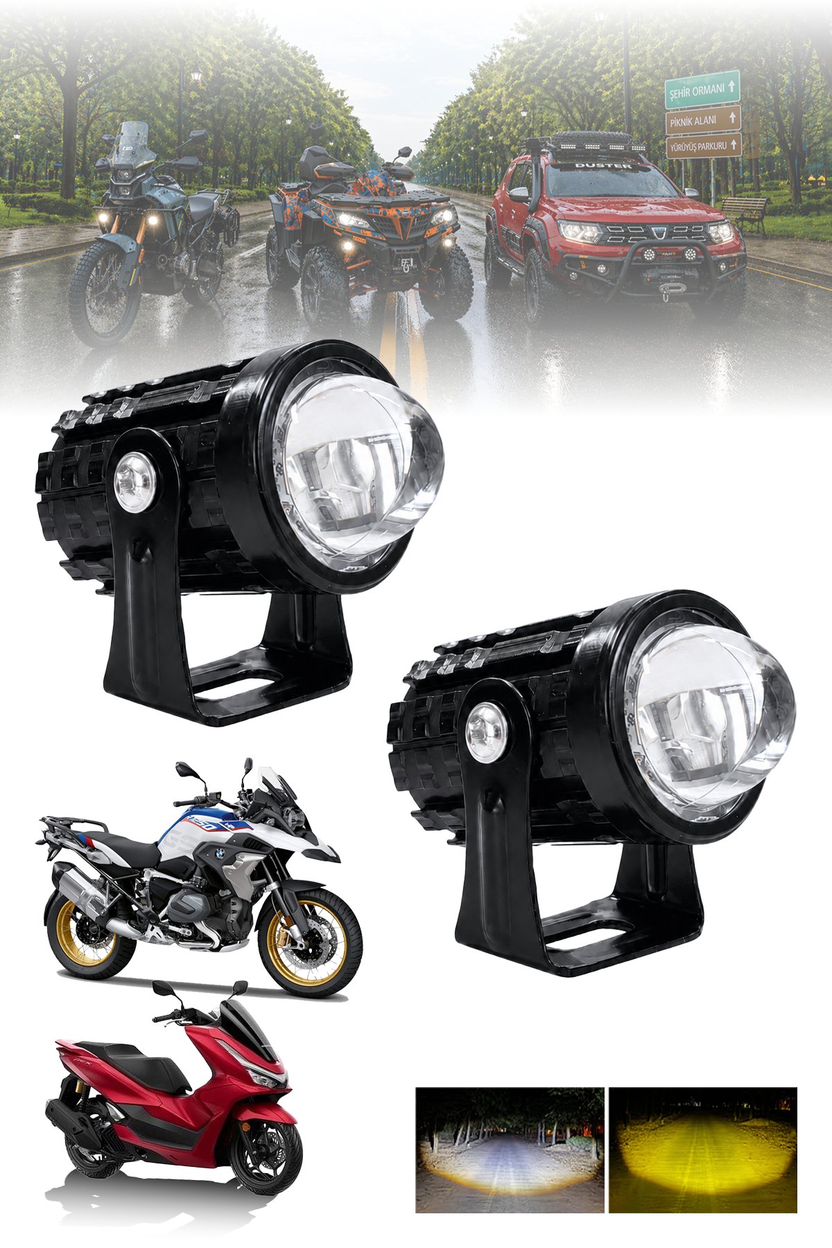 2 Adet 15W Mini Mercekli Motosiklet Sis Lambası Çift Renkli Beyaz Sarı ve Çakarlı 12V-24V Döküm Gövde