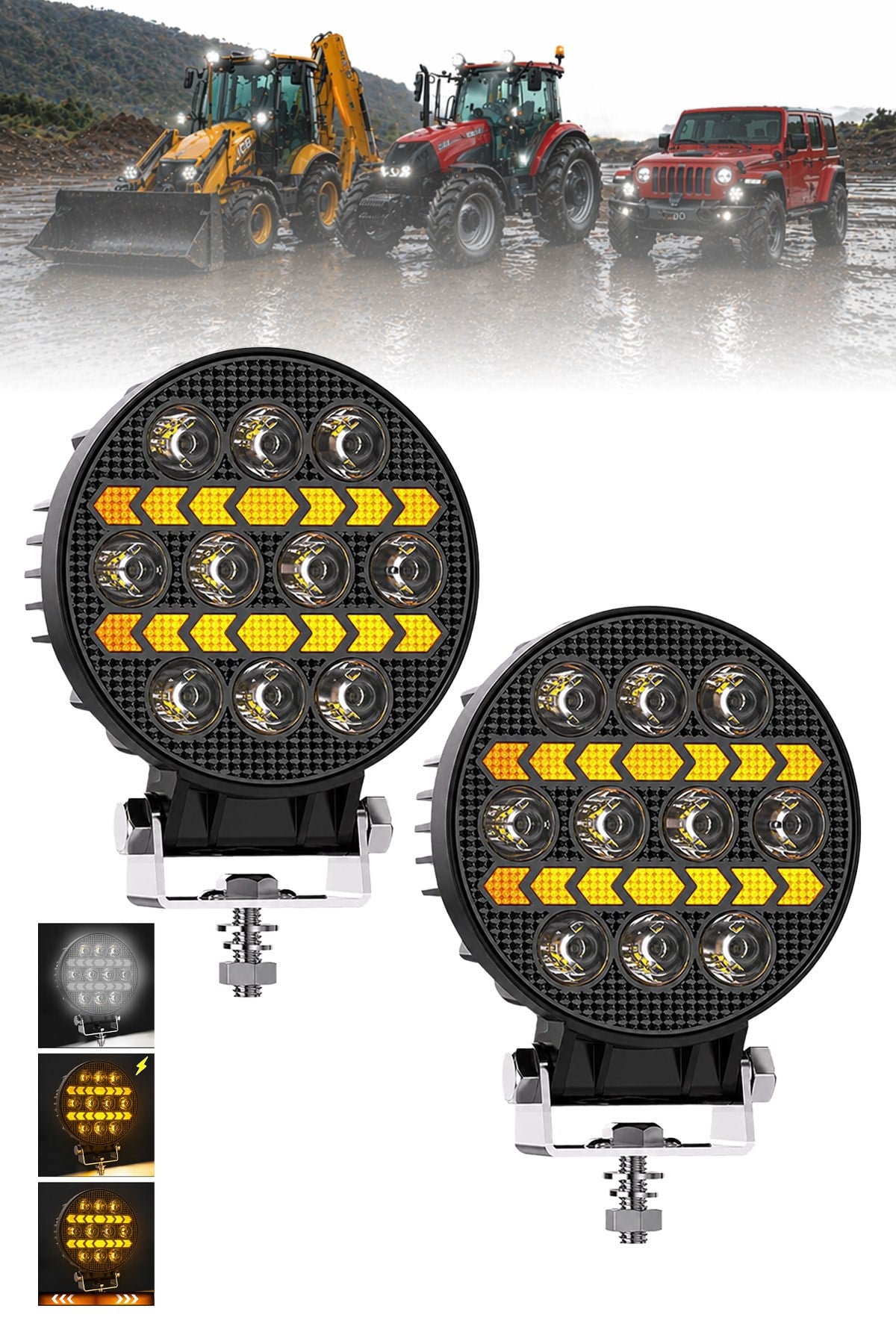 2 Adet 20W 10 LED Yuvarlak Off Road Sarı Çakar Modlu Aydınlatma Ledi Çalışma Lambası Demir Döküm Siyah Renk