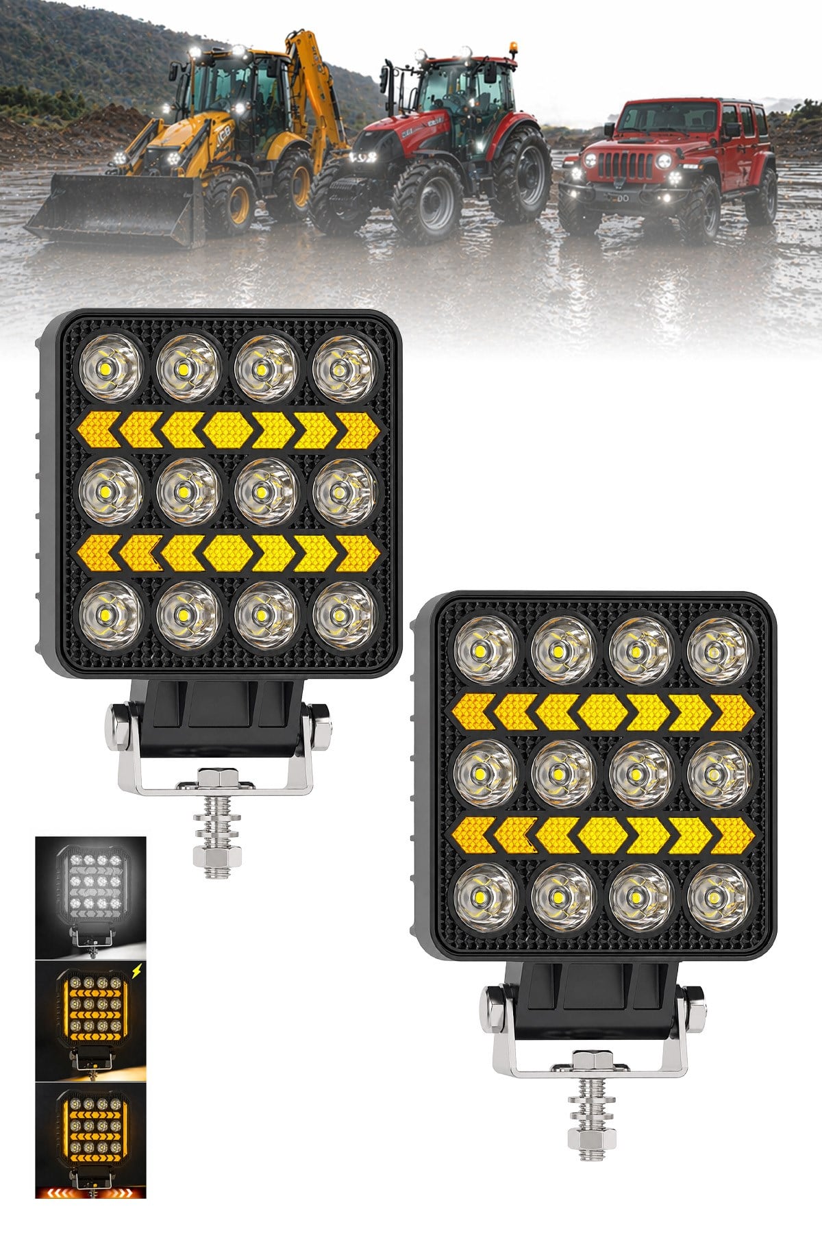 2 Adet 20W 12 LED Kare Off Road Sarı Çakar Modlu Aydınlatma Ledi Çalışma Lambası Demir Döküm Siyah Renk