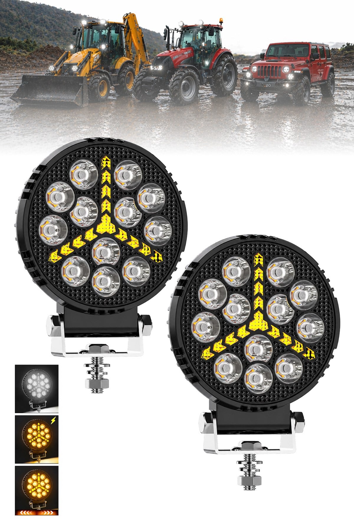 2 Adet 20W 12 LED Yuvarlak Y Desenli Off Road Çakar Modlu Aydınlatma Ledi Çalışma Lambası Demir Döküm Siyah Renk