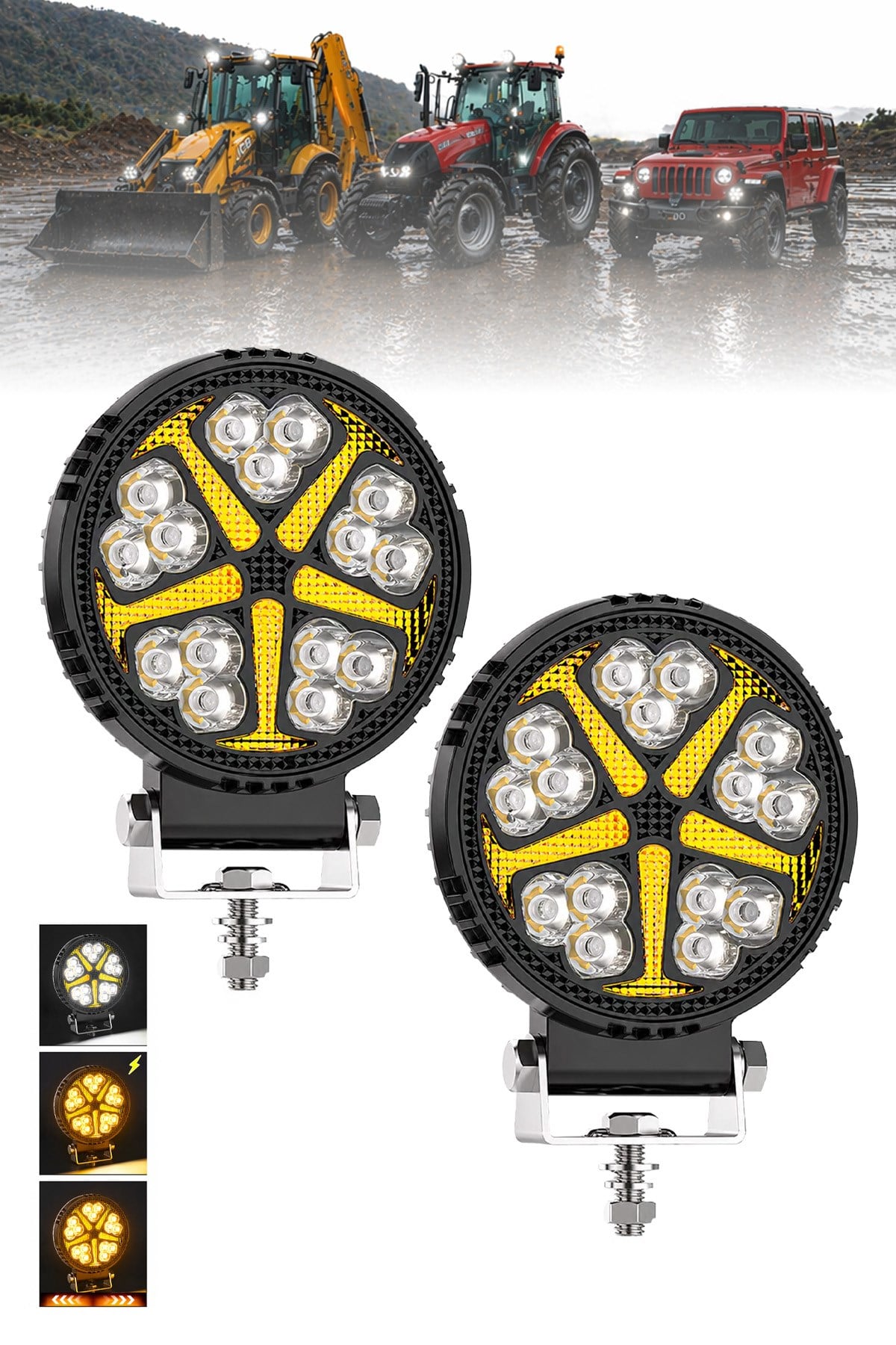 2 Adet 20W 15 LED Yuvarlak Off Road Sarı Çakar Modlu Aydınlatma Ledi Çalışma Lambası Demir Döküm Siyah Renk