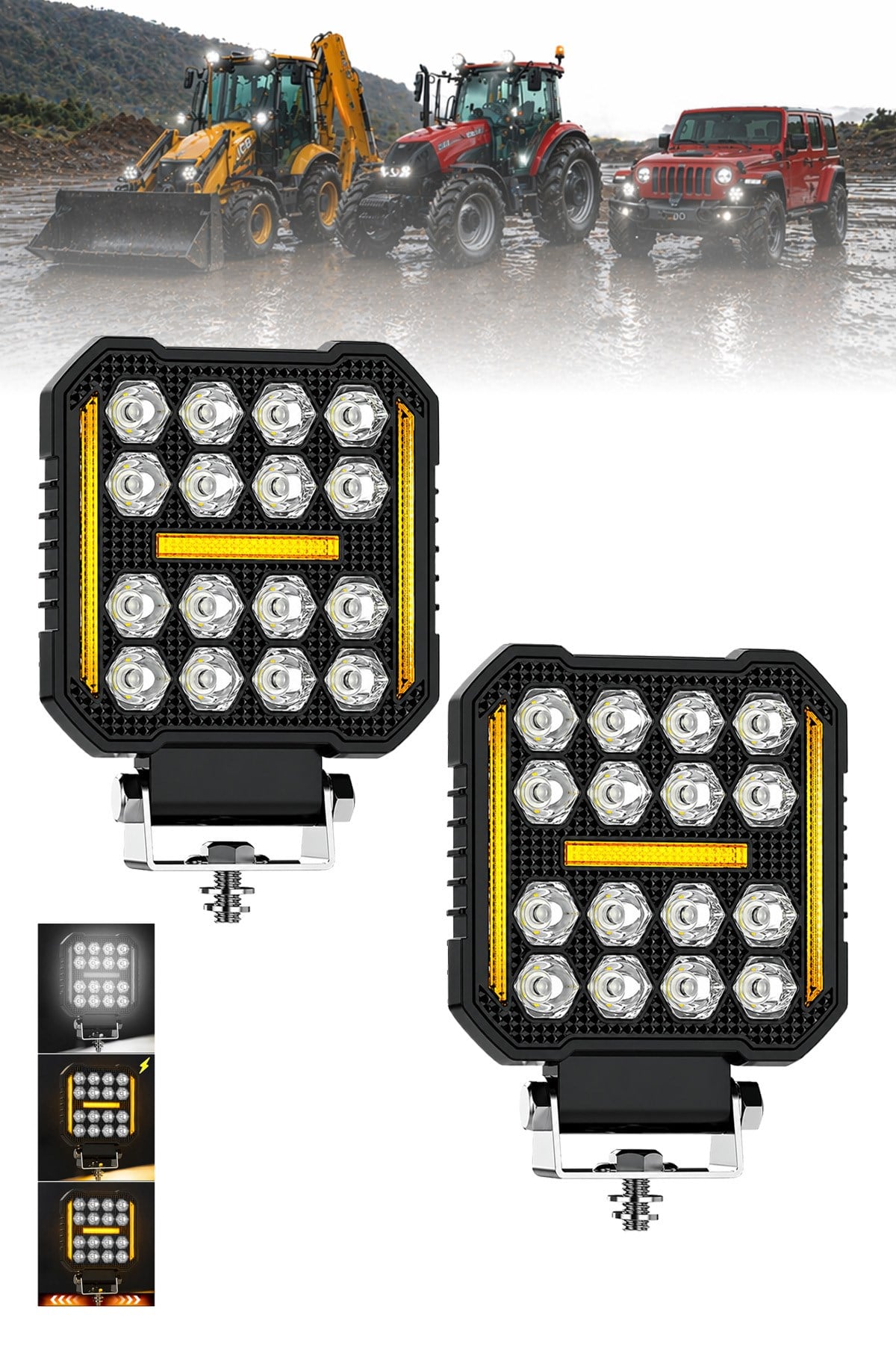 2 Adet 20W 16 LED Dikdörtgen Off Road Çakar Modlu Aydınlatma Ledi Çalışma Lambası Demir Döküm Siyah Renk