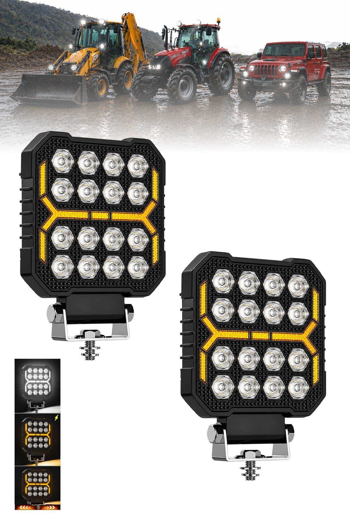 2 Adet 20W 16 LED Dikdörtgen Off Road Çakar Modlu Aydınlatma Ledi Çalışma Lambası Demir Döküm Siyah Renk