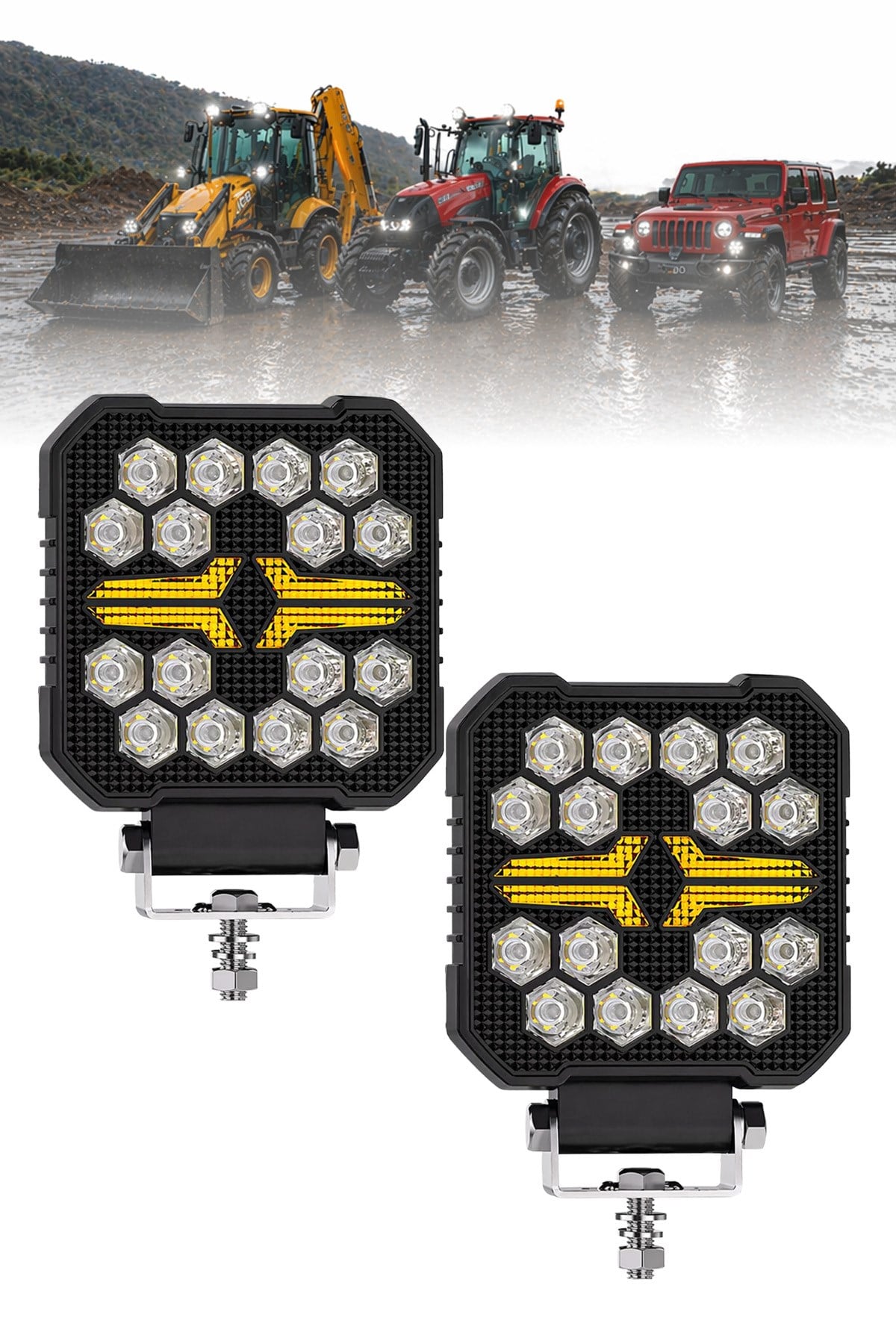 2 Adet 20W 18 Mercek LED Kare Off Road Beyaz Aydınlatma Sarı Çakar Modlu Çalışma Lambası 12V-24V Demir Döküm Siyah Renk