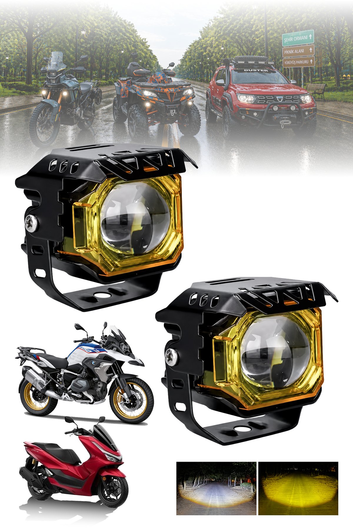 2 Adet 20W Çift Mercekli Angelli Motosiklet Sis Lambası Çift Renkli Beyaz Sarı ve Çakarlı 12V-24V Döküm Gövde