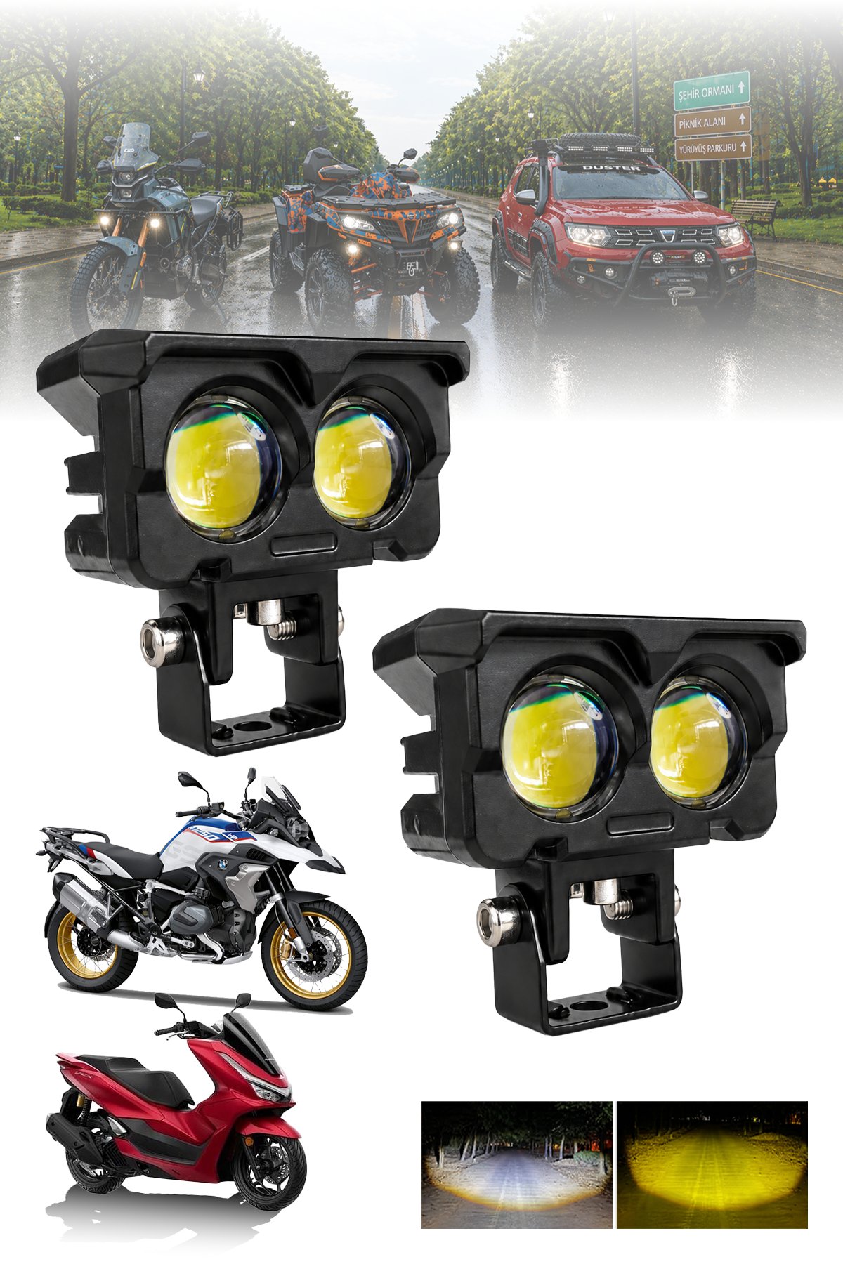 2 Adet 20W Çift Mercekli Motosiklet Sis Lambası Çift Renkli Beyaz Sarı ve Çakarlı 12V-24V Döküm Gövde