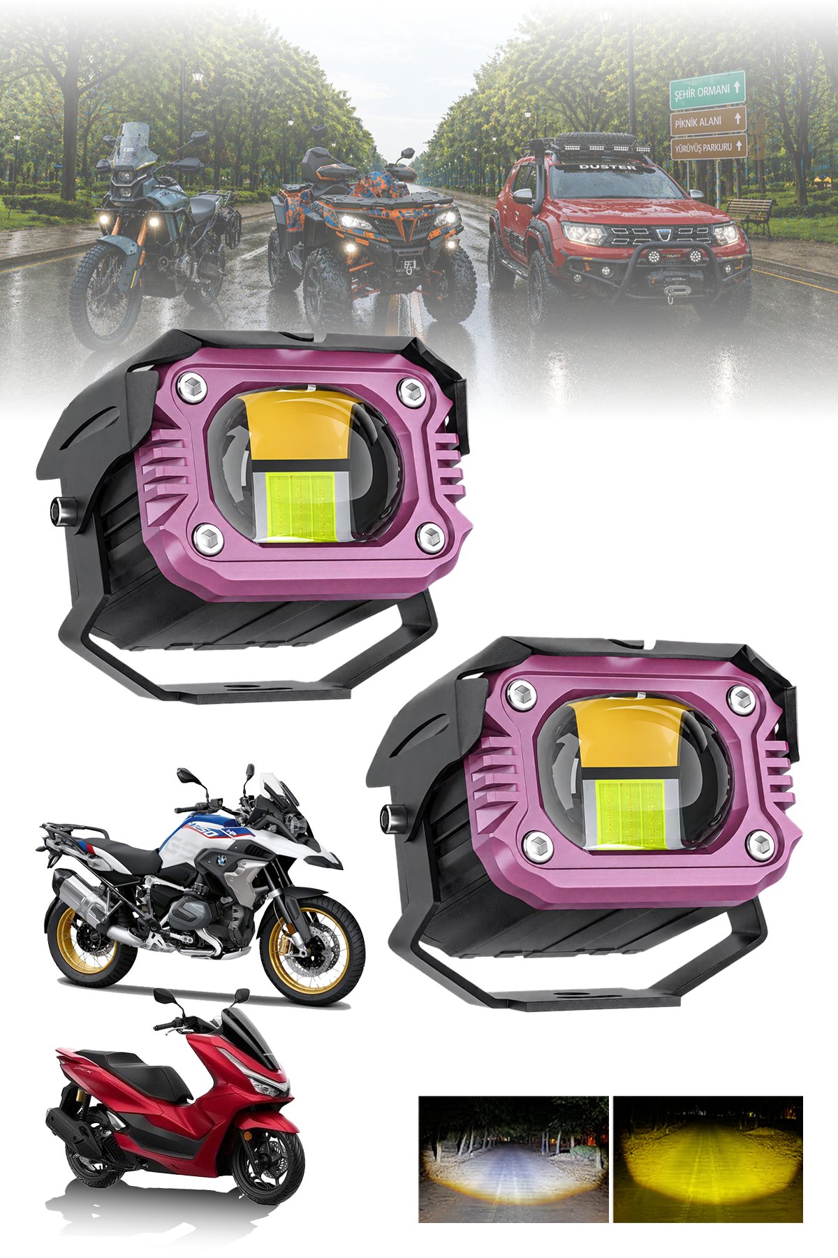 2 Adet 20W Mercekli Motosiklet Sis Lambası Çift Renkli Beyaz Sarı ve Çakarlı 12V-24V Demir Döküm Siyah