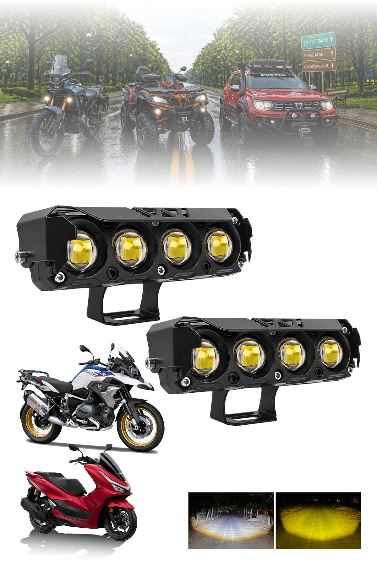 2 Adet 25W 4 Mercekli Motosiklet Sis Lambası Çift Renkli Beyaz Sarı 12V-24V Demir Döküm Siyah