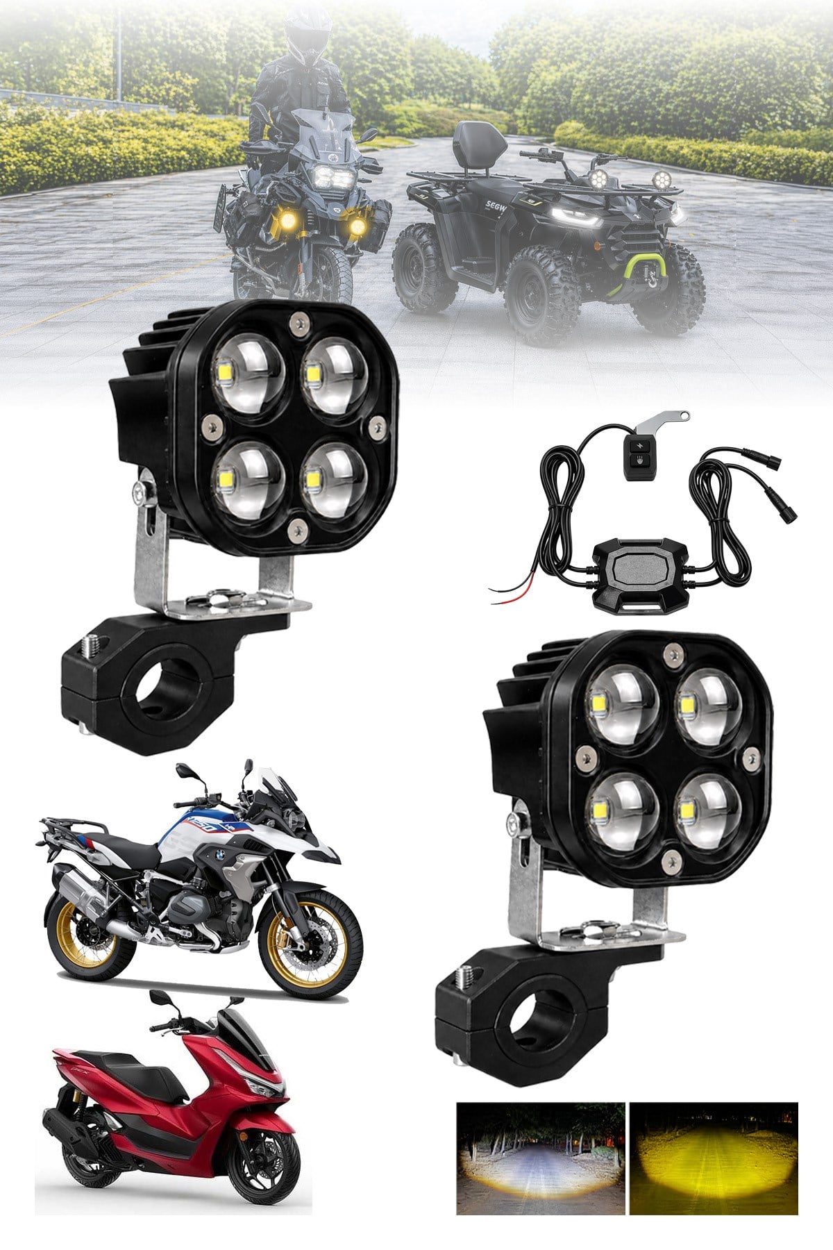 2 Adet 30W 4 Mercekli Motosiklet Sis Lambası Çift Renkli Beyaz LED Sarı Çakar Modlu 12V-24V Kontrol Butonlu Demir Döküm Siyah Renk