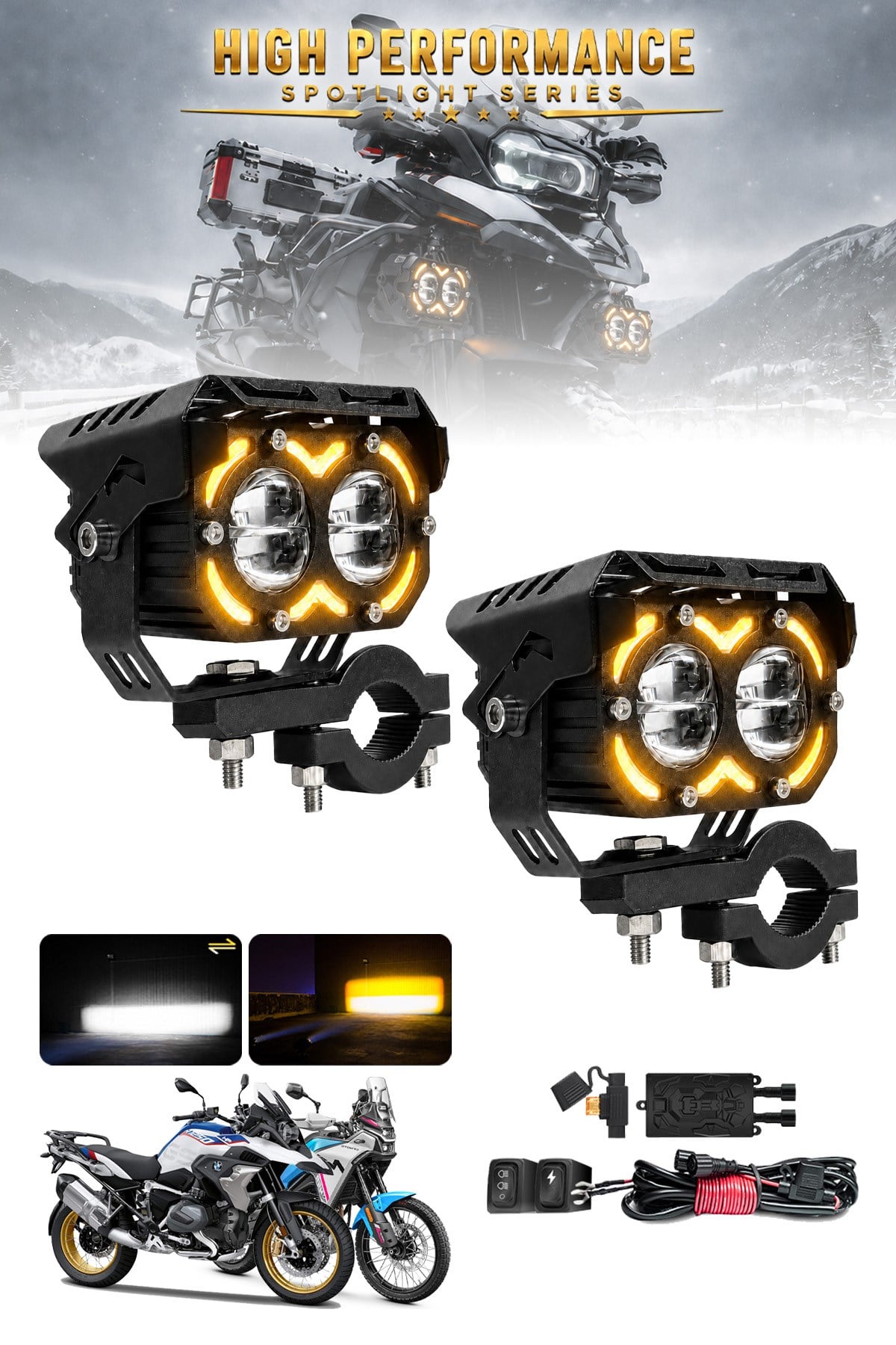 2 Adet Angel Çizgili Çift Mercekli Motosiklet Sis Lambası Sis Filtreli Beyaz LED Sarı Çakar Modlu 12V-24V Çakar Modüllü Kablo Setli Siyah Renk