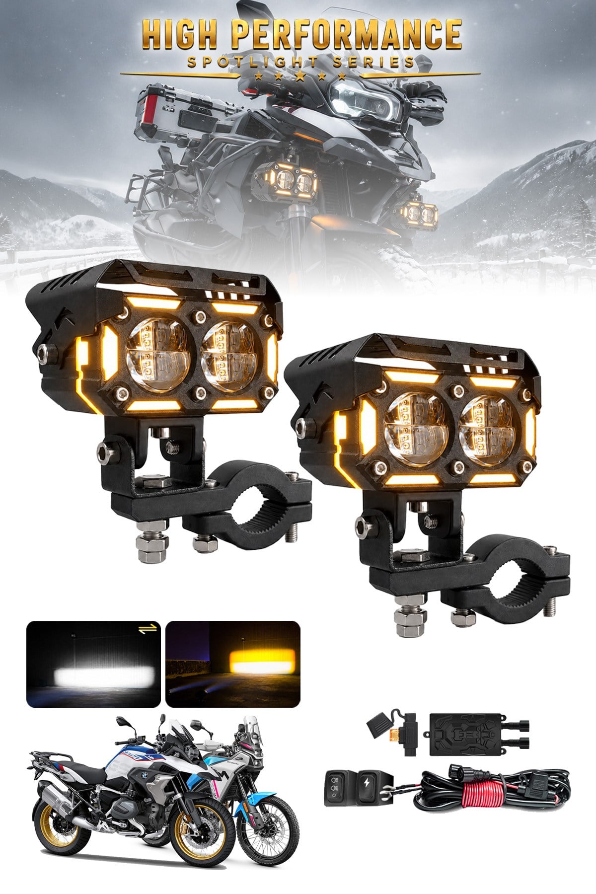 2 Adet Angel Çizgili Çift Mercekli Motosiklet Sis Lambası Sis Filtreli Beyaz LED Sarı Çakar Modlu 12V-24V Çakar Modüllü Kablo Setli Siyah Renk