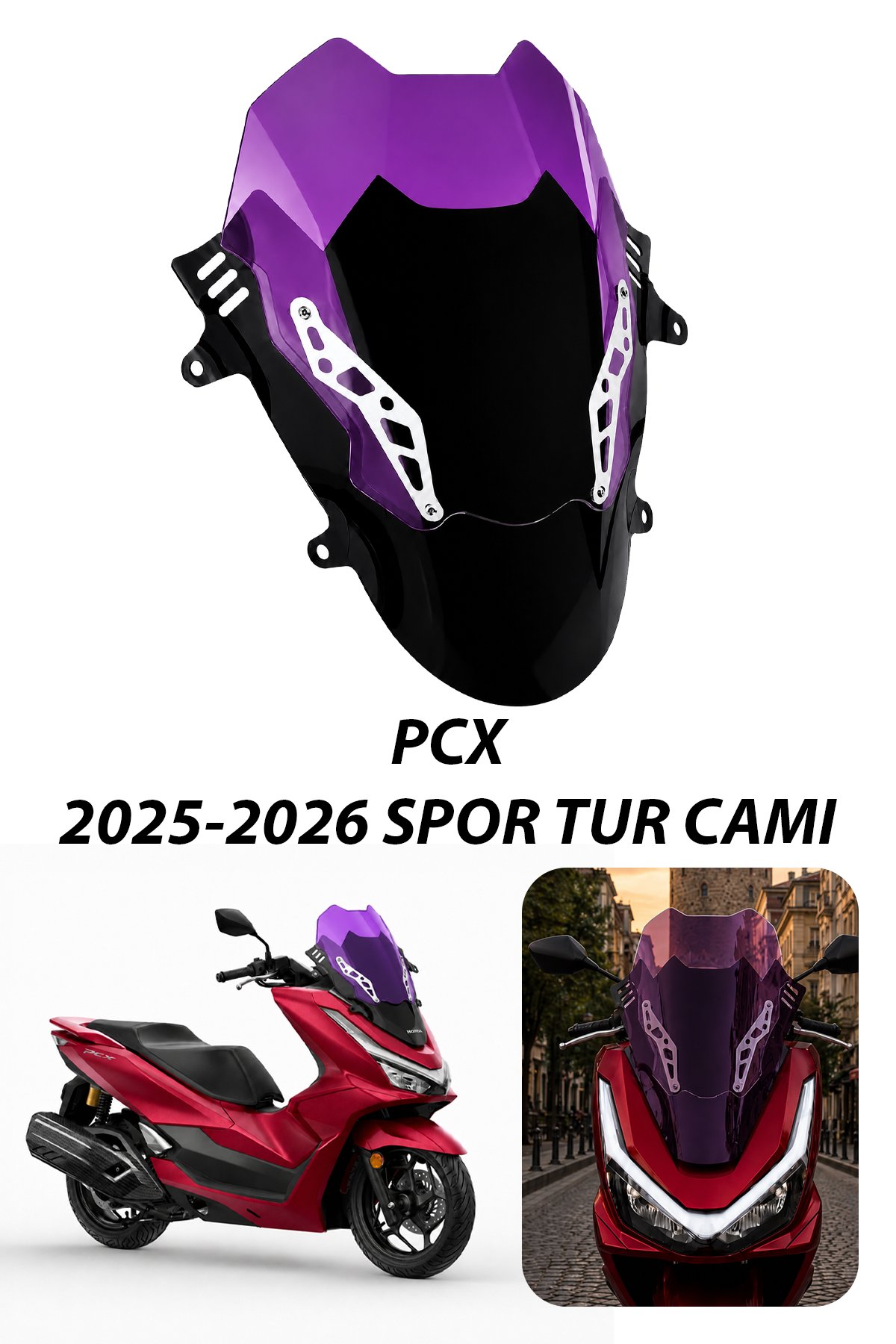 Honda Pcx Uyumlu Çift Katlı Spor Tur Camı Şeffaf 2025-2026 Mor