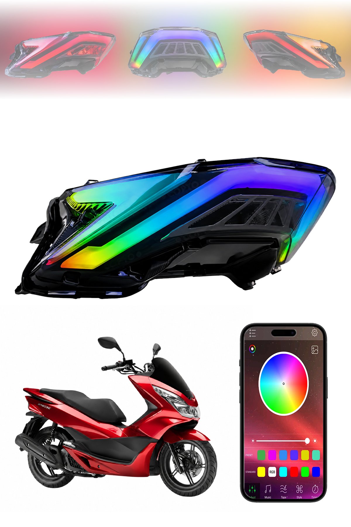 Honda Pcx Uyumlu RGB Arka Stop Ledi 2021-2024 Telefon Kontrollü